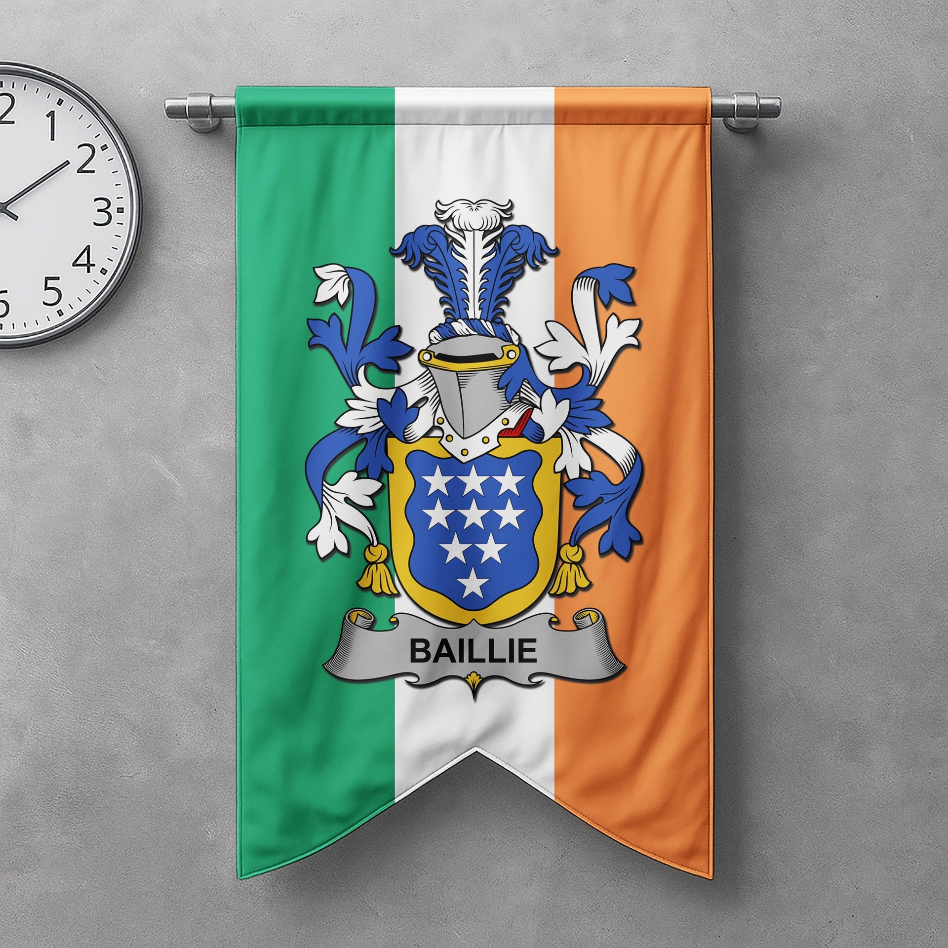 ScotsTee Shop Irish Baillie Clan Coat of Arms Irish Tartan Gonfalon Flag