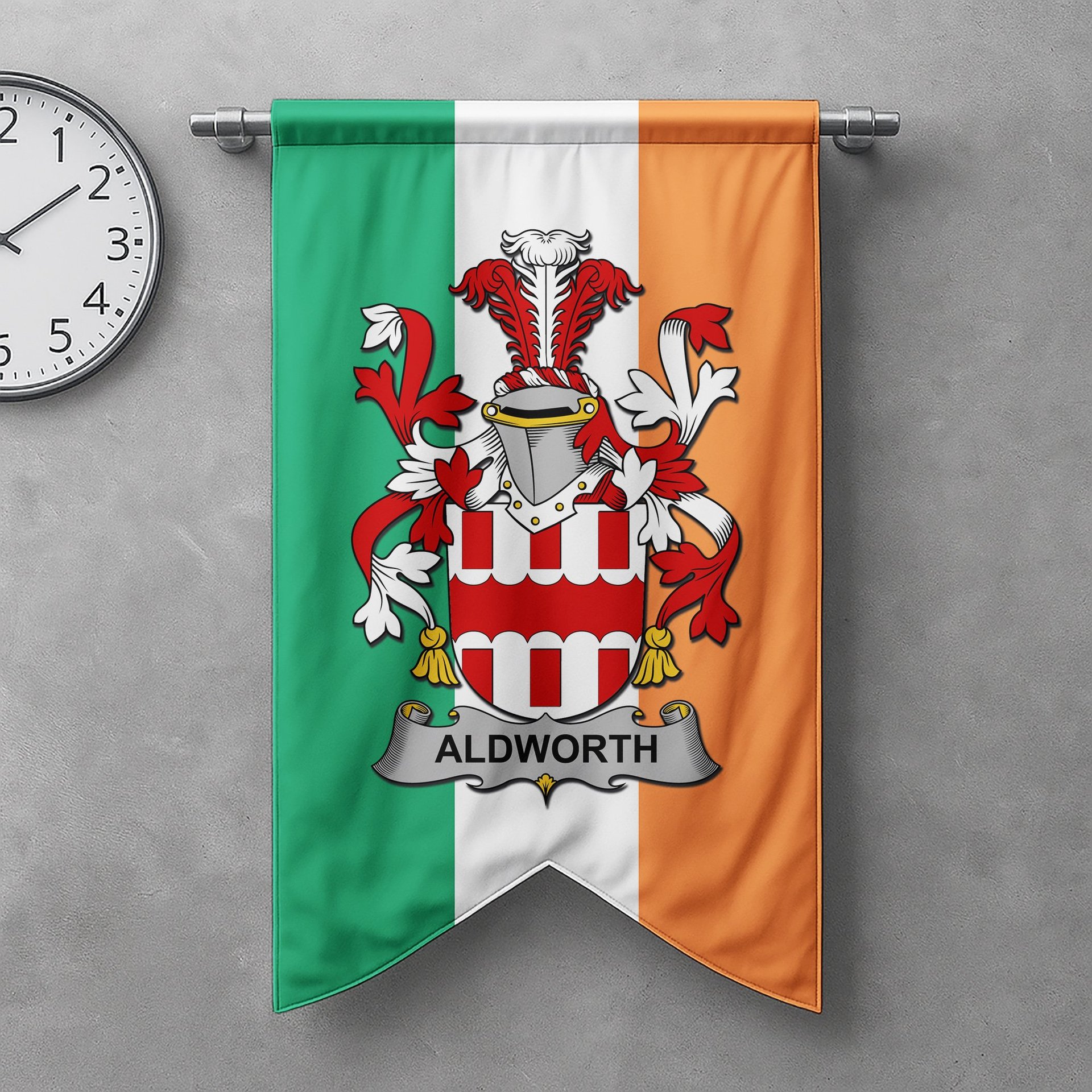 ScotsTee Shop Irish Aldworth Clan Coat of Arms Irish Tartan Gonfalon Flag