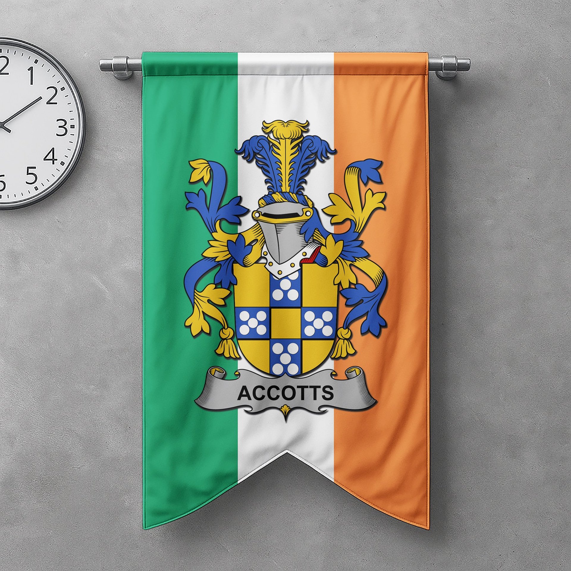 ScotsTee Shop Irish Accotts Clan Coat of Arms Irish Tartan Gonfalon Flag