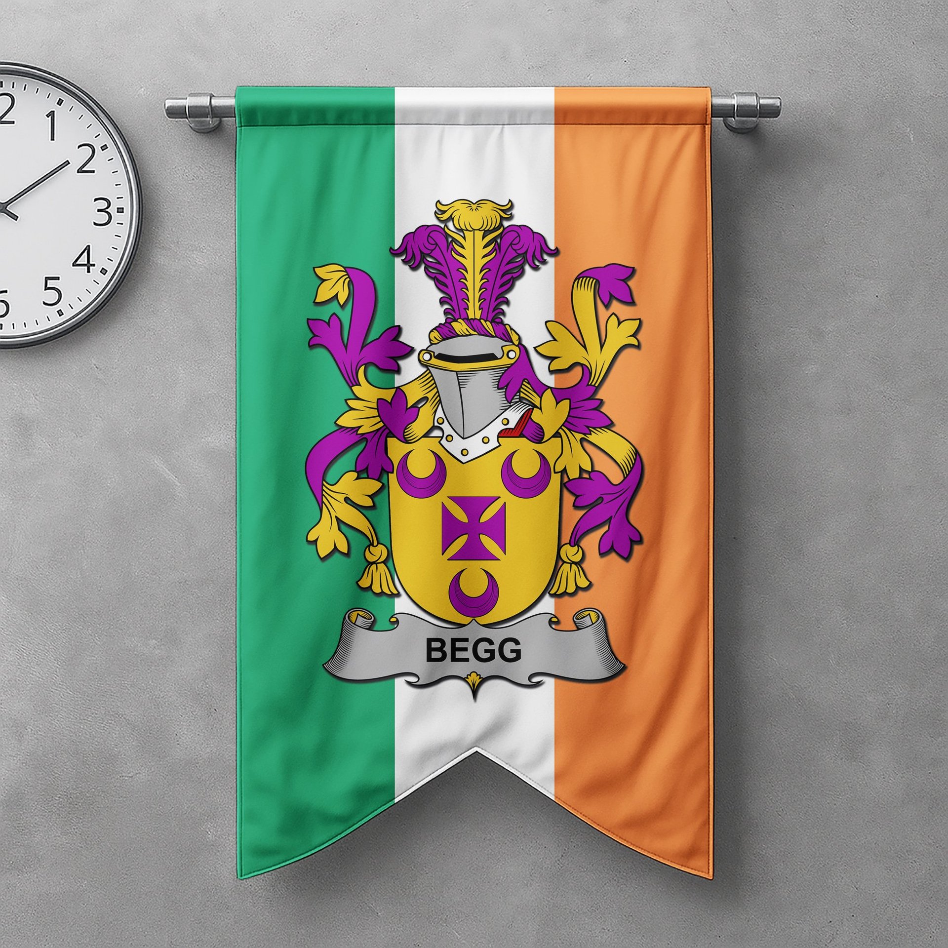 ScotsTee Shop Irish Begg Clan Coat of Arms Irish Tartan Gonfalon Flag