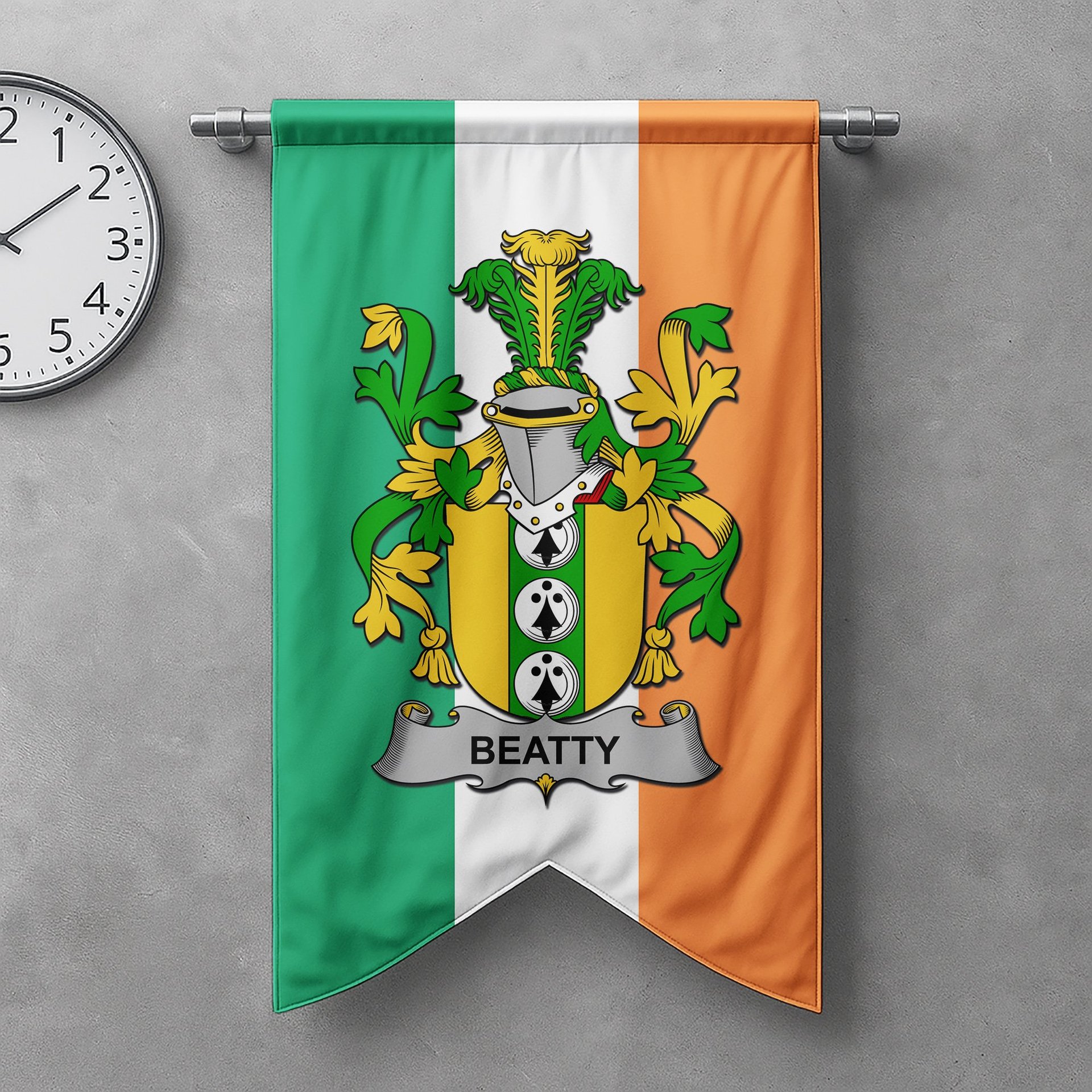 ScotsTee Shop Irish Beatty or Betagh Clan Coat of Arms Irish Tartan Gonfalon Flag