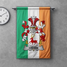 ScotsTee Shop Irish Cremin or O'Cremin Clan Coat of Arms Irish Tartan Gonfalon Flag