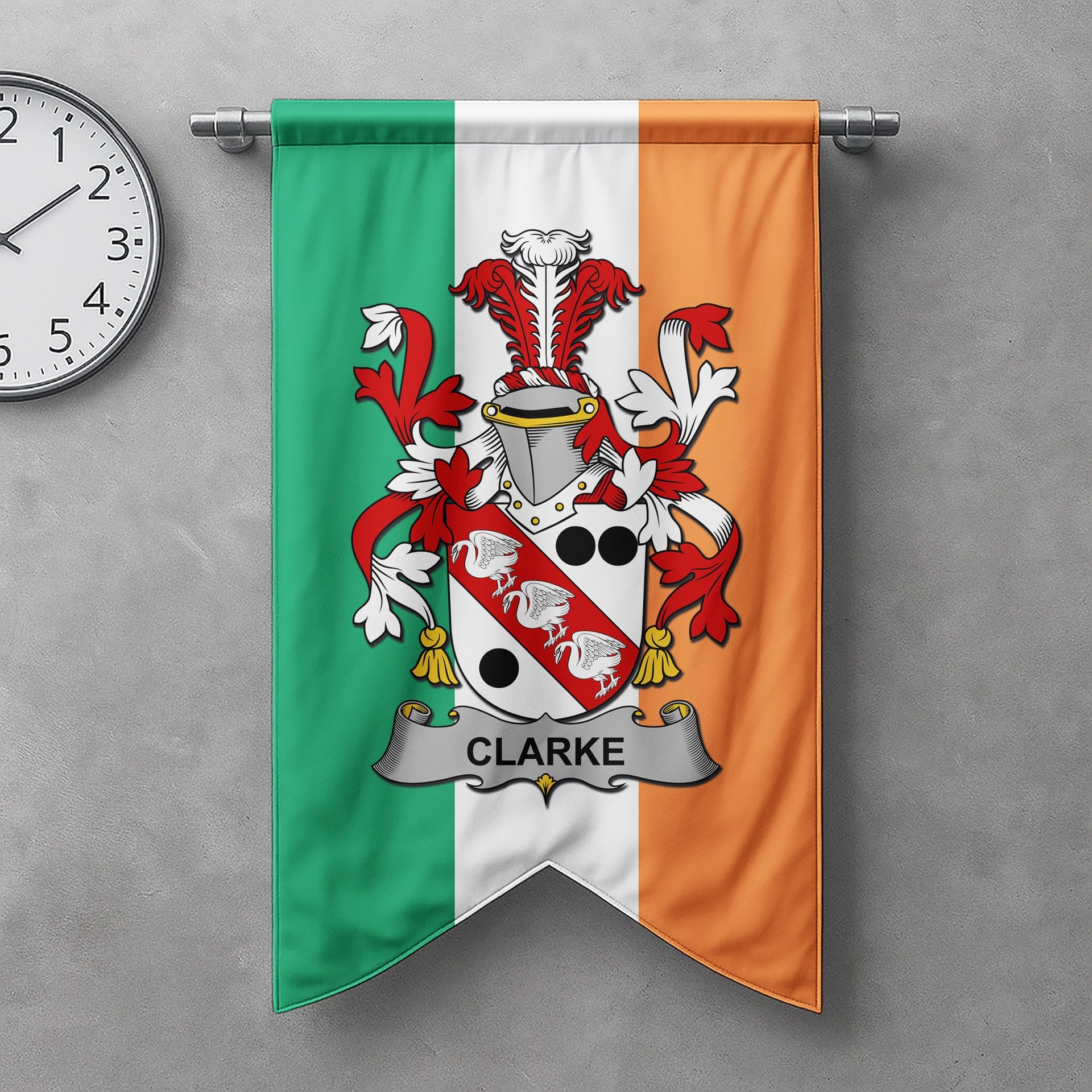 ScotsTee Shop Irish Clarke Clan Coat of Arms Irish Tartan Gonfalon Flag
