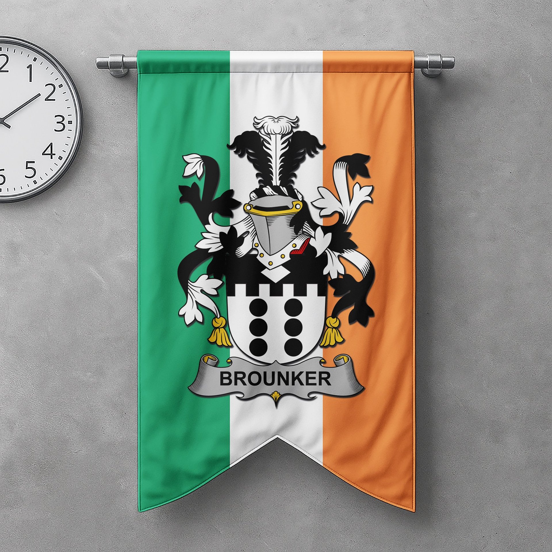 ScotsTee Shop Irish Brounker Clan Coat of Arms Irish Tartan Gonfalon Flag