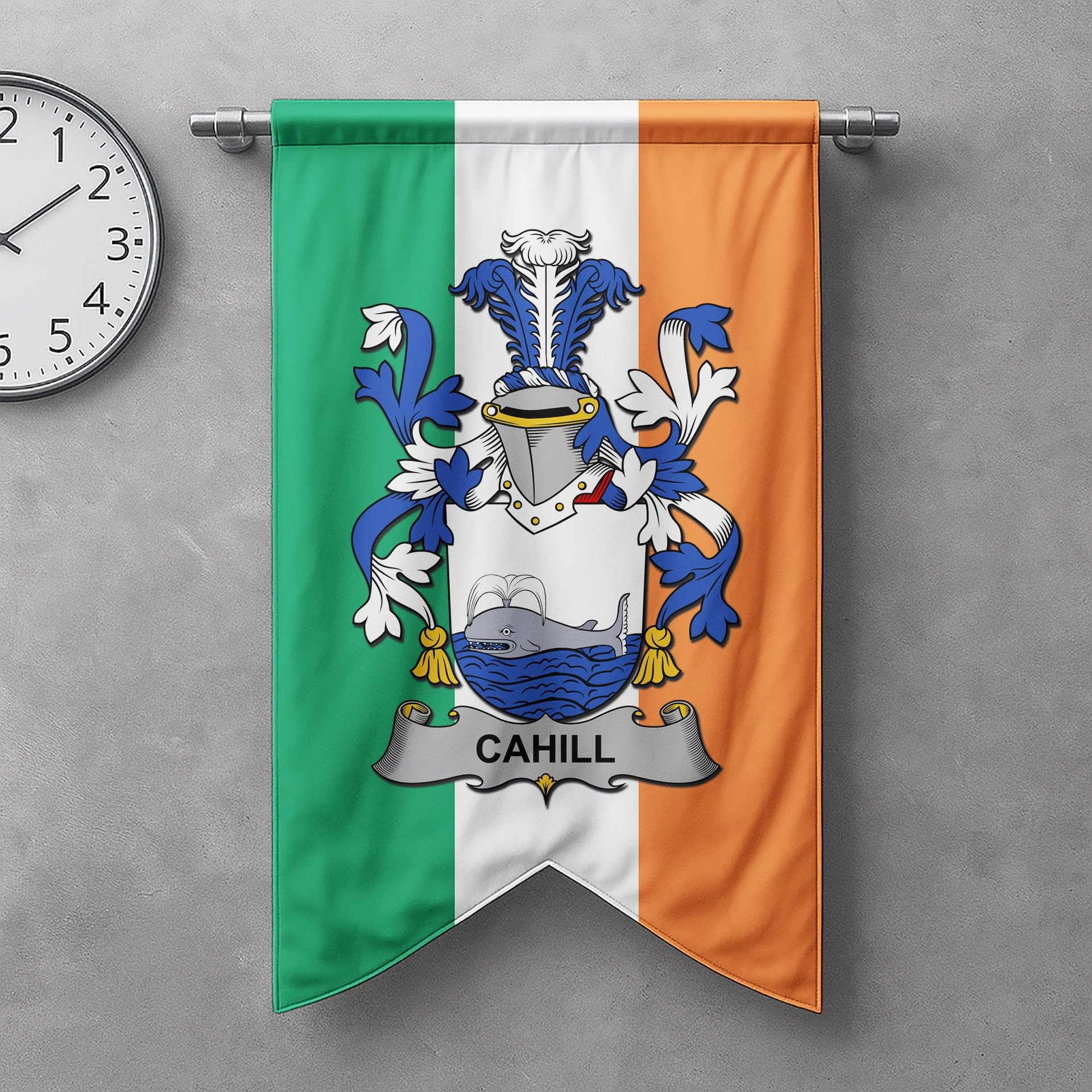ScotsTee Shop Irish Cahill or O'Cahill Clan Coat of Arms Irish Tartan Gonfalon Flag