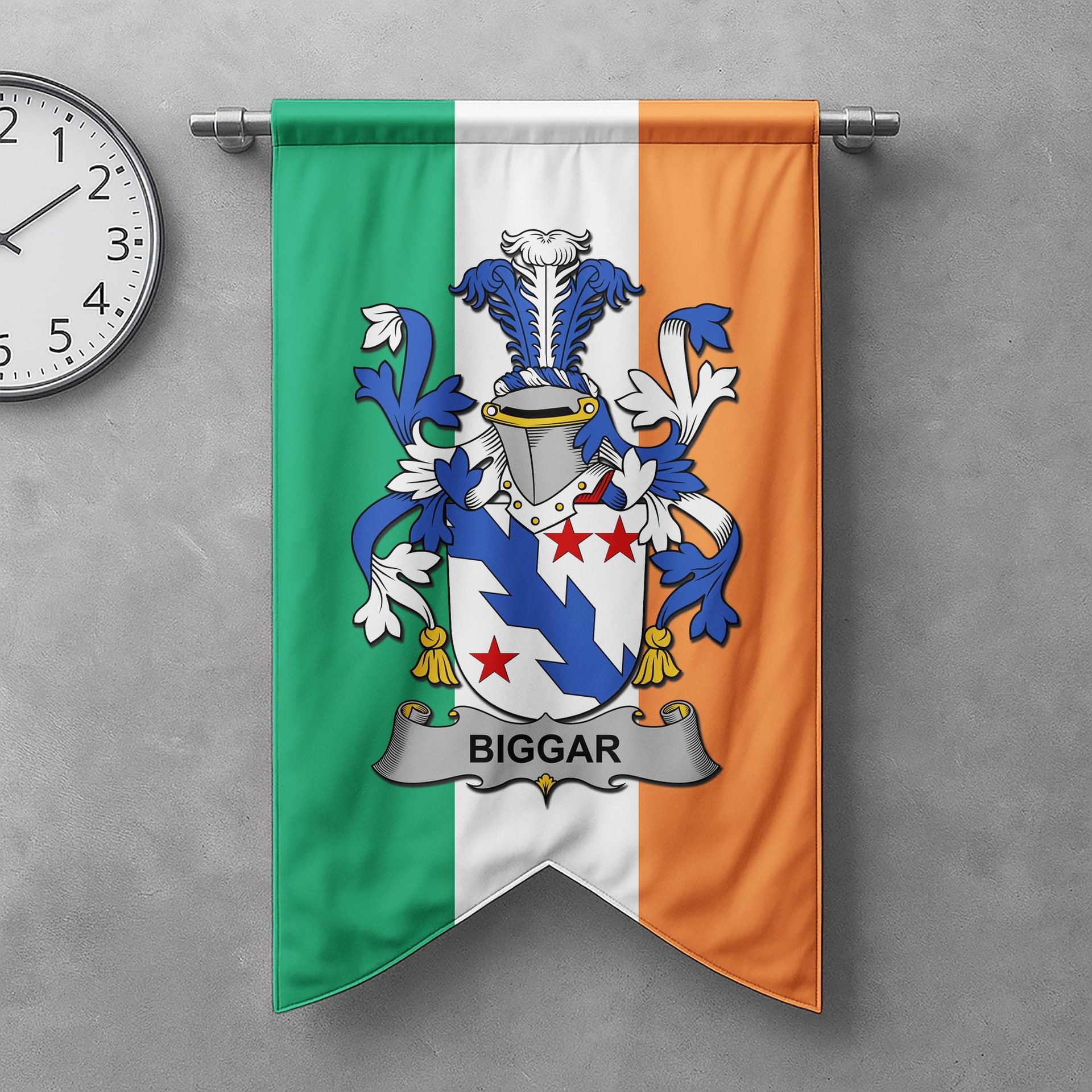 ScotsTee Shop Irish Biggar Clan Coat of Arms Irish Tartan Gonfalon Flag