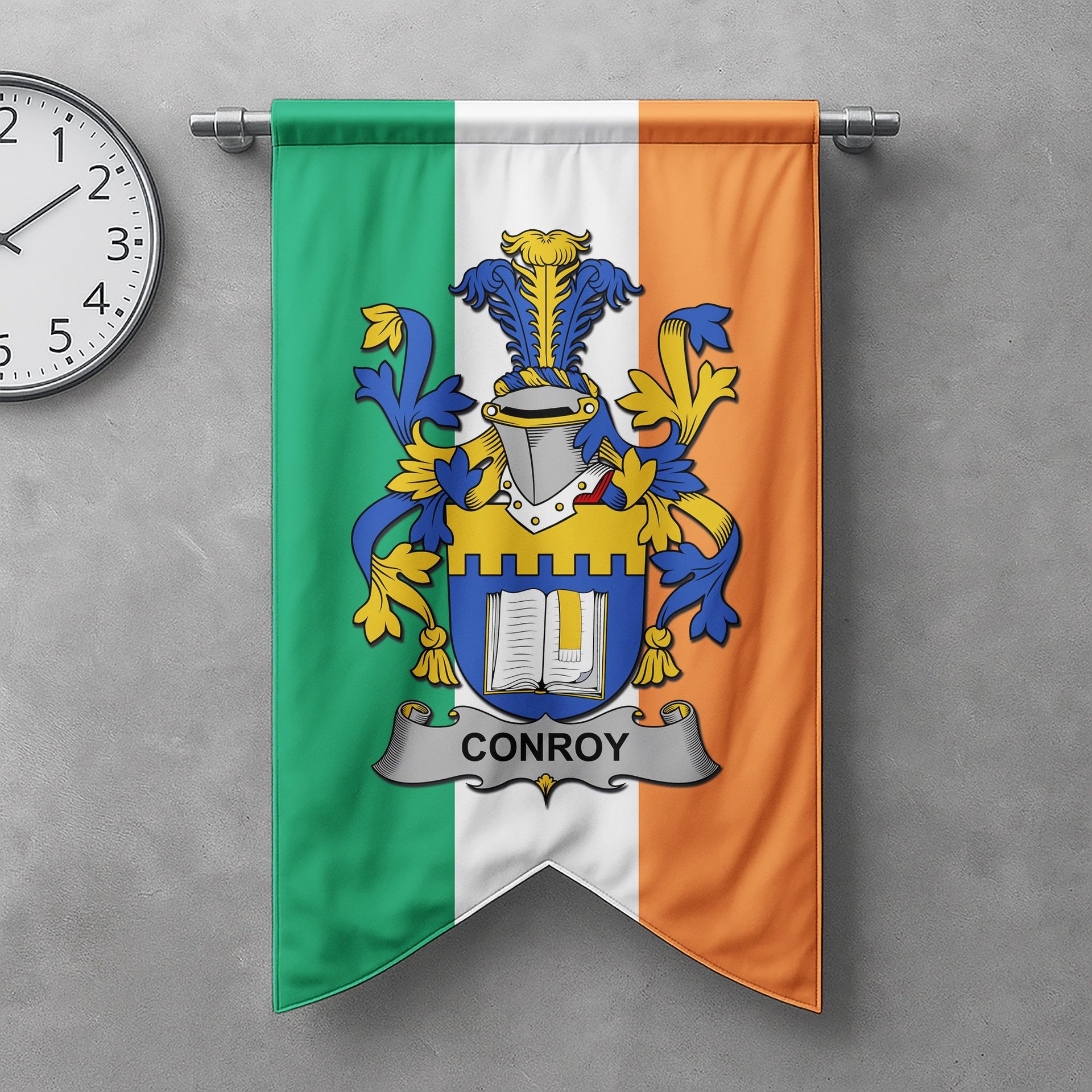 ScotsTee Shop Irish Conroy or O'Mulconroy Clan Coat of Arms Irish Tartan Gonfalon Flag