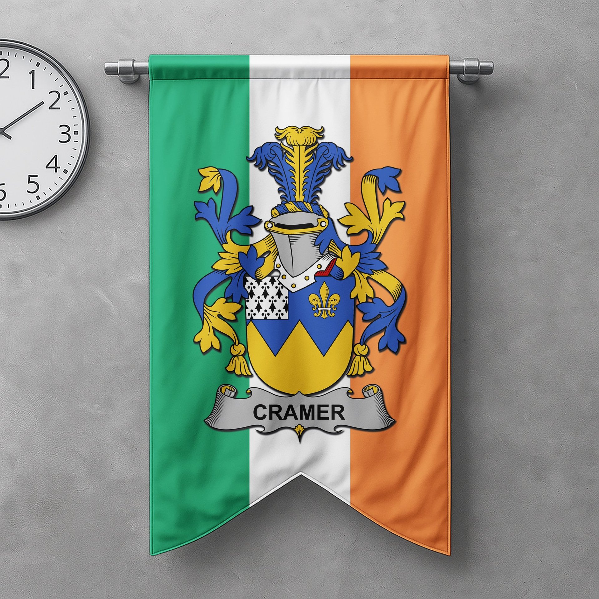 ScotsTee Shop Irish Cramer Clan Coat of Arms Irish Tartan Gonfalon Flag
