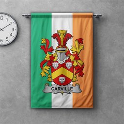 ScotsTee Shop Irish Carville or McCarville Clan Coat of Arms Irish Tartan Gonfalon Flag