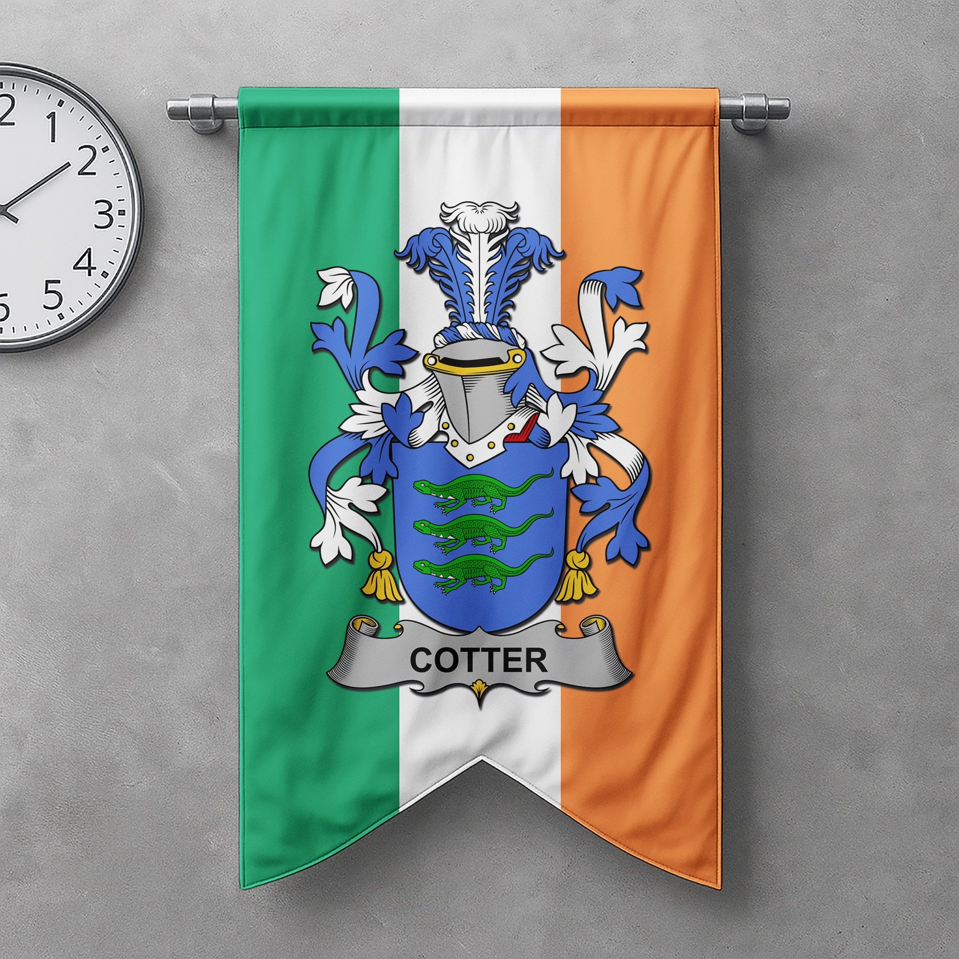 ScotsTee Shop Irish Cotter or MacCotter Clan Coat of Arms Irish Tartan Gonfalon Flag