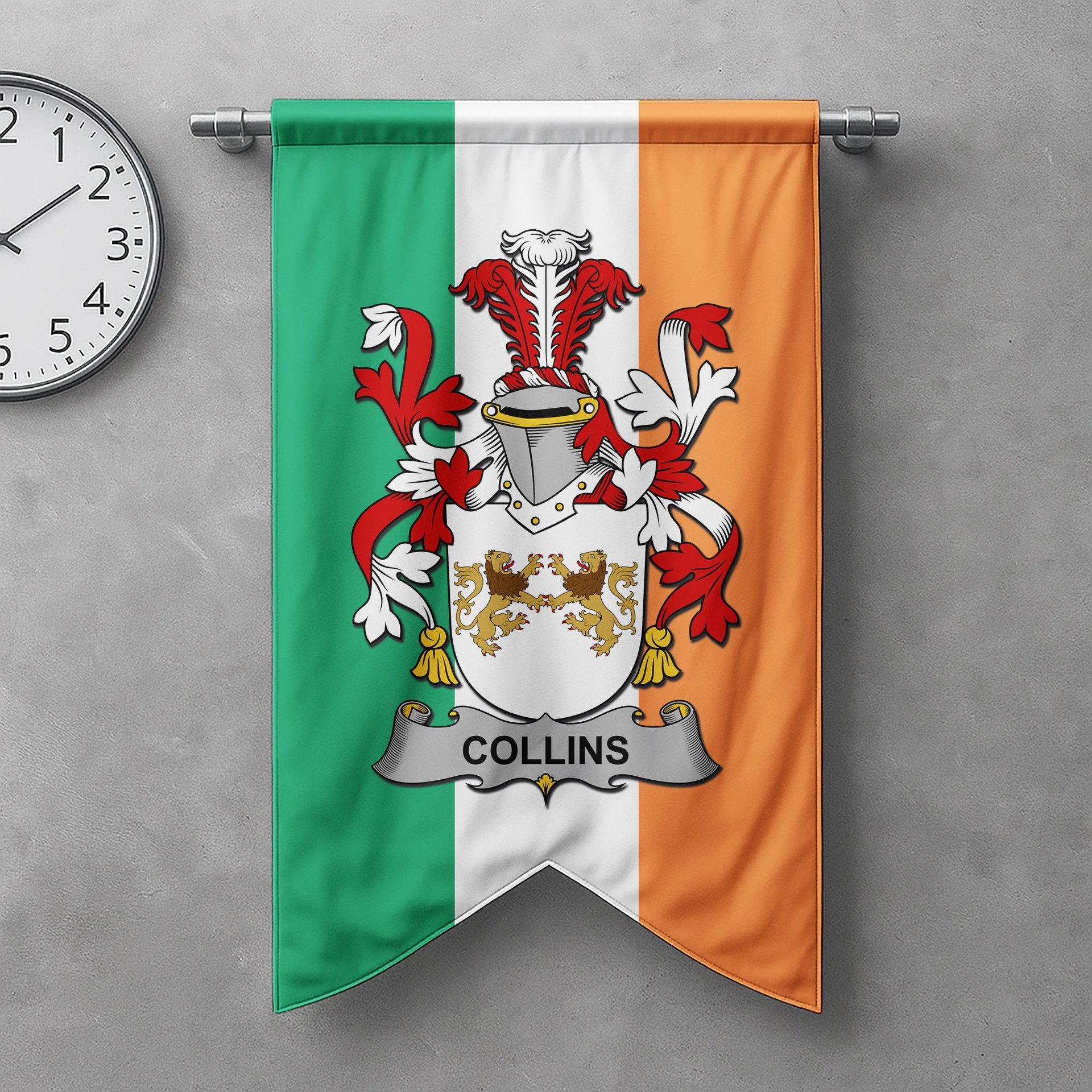 ScotsTee Shop Irish Collins Clan Coat of Arms Irish Tartan Gonfalon Flag