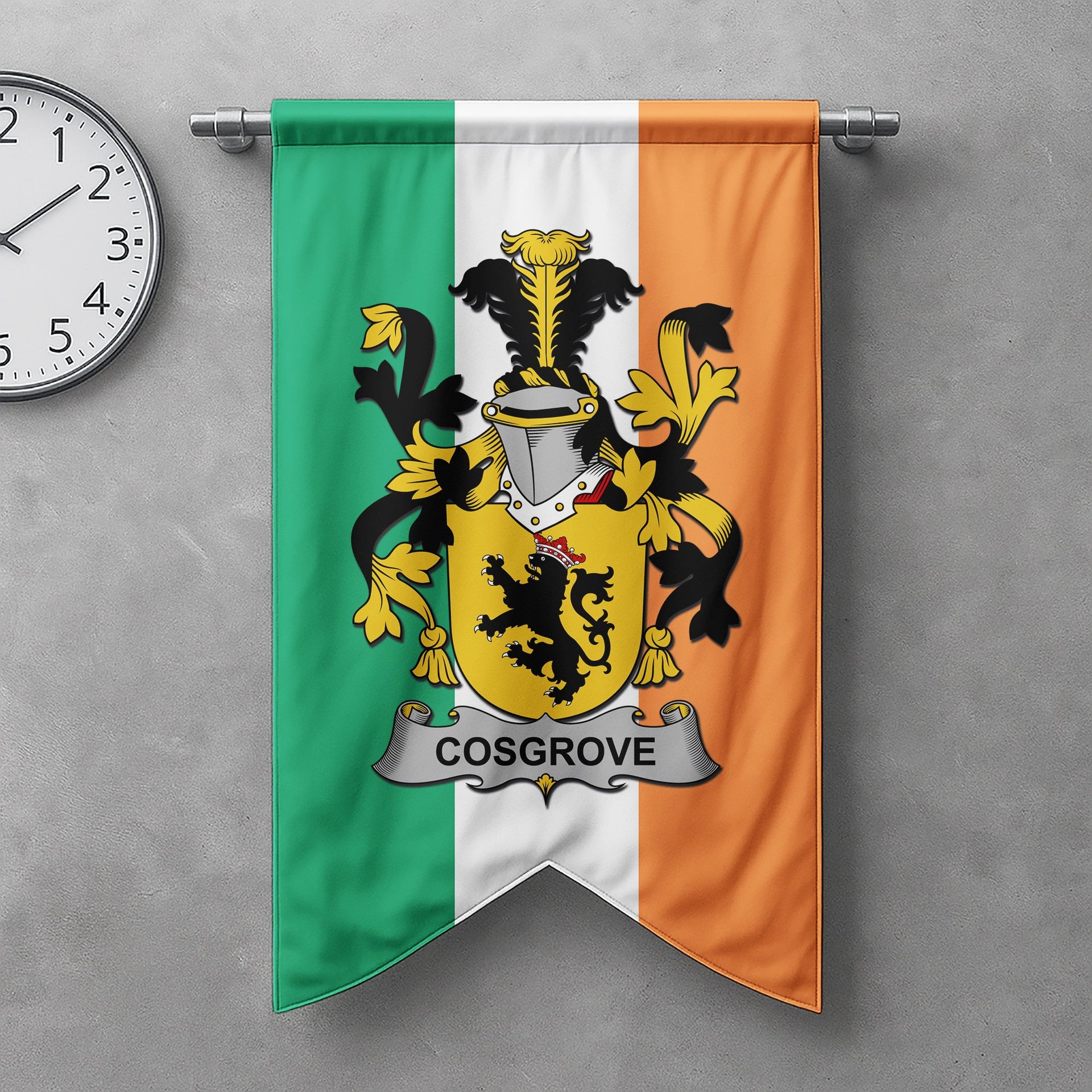 ScotsTee Shop Irish Cosgrove or O'Cosgrave Clan Coat of Arms Irish Tartan Gonfalon Flag