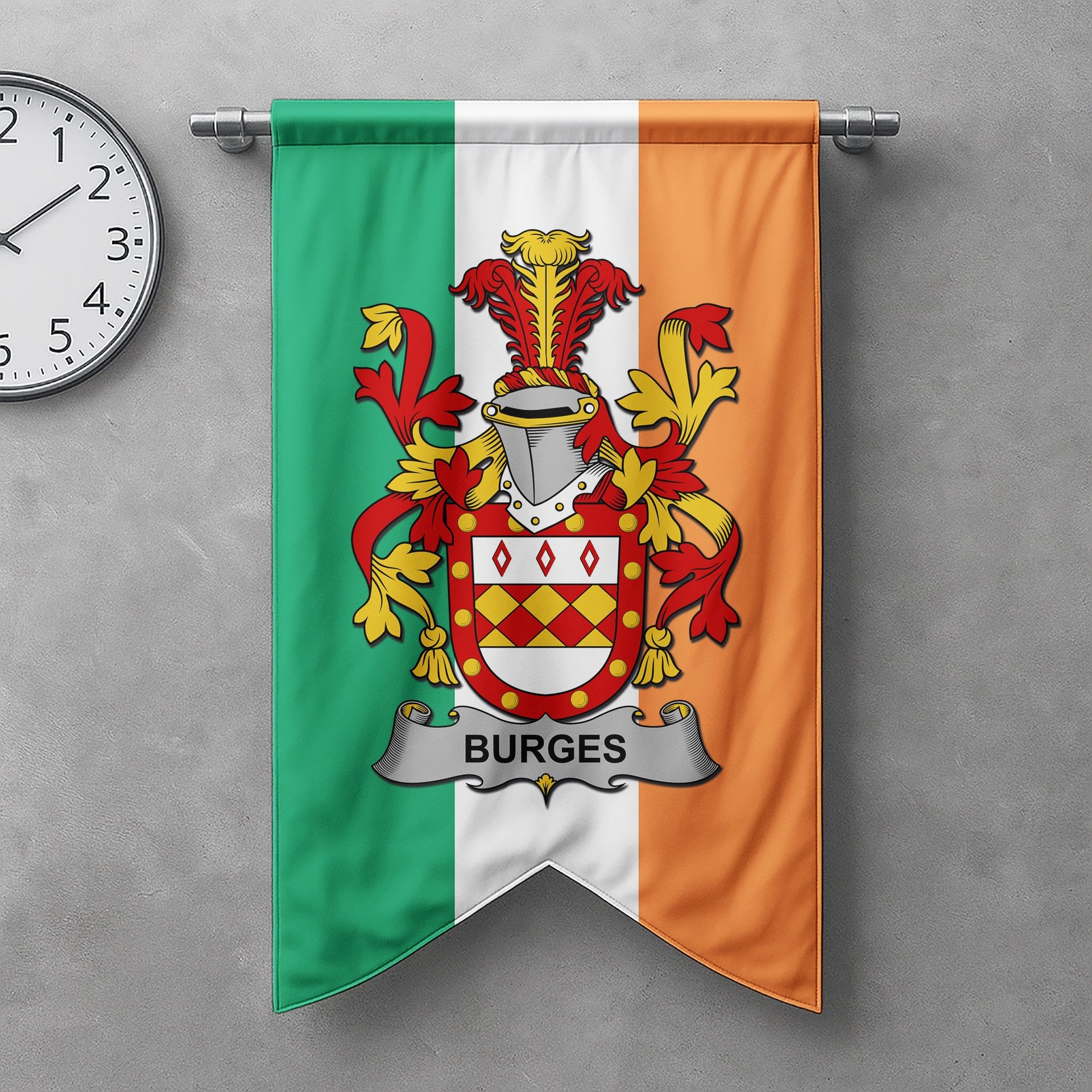 ScotsTee Shop Irish Burges Clan Coat of Arms Irish Tartan Gonfalon Flag