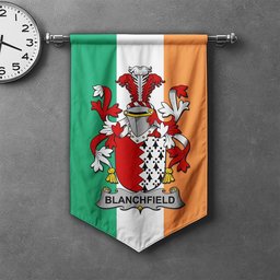 ScotsTee Shop Irish Blanchfield Clan Coat of Arms Irish Tartan Gonfalon Flag
