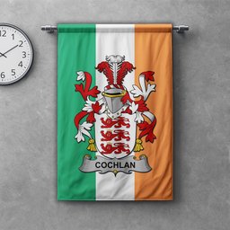 ScotsTee Shop Irish Cochlan or McCoughlan Clan Coat of Arms Irish Tartan Gonfalon Flag