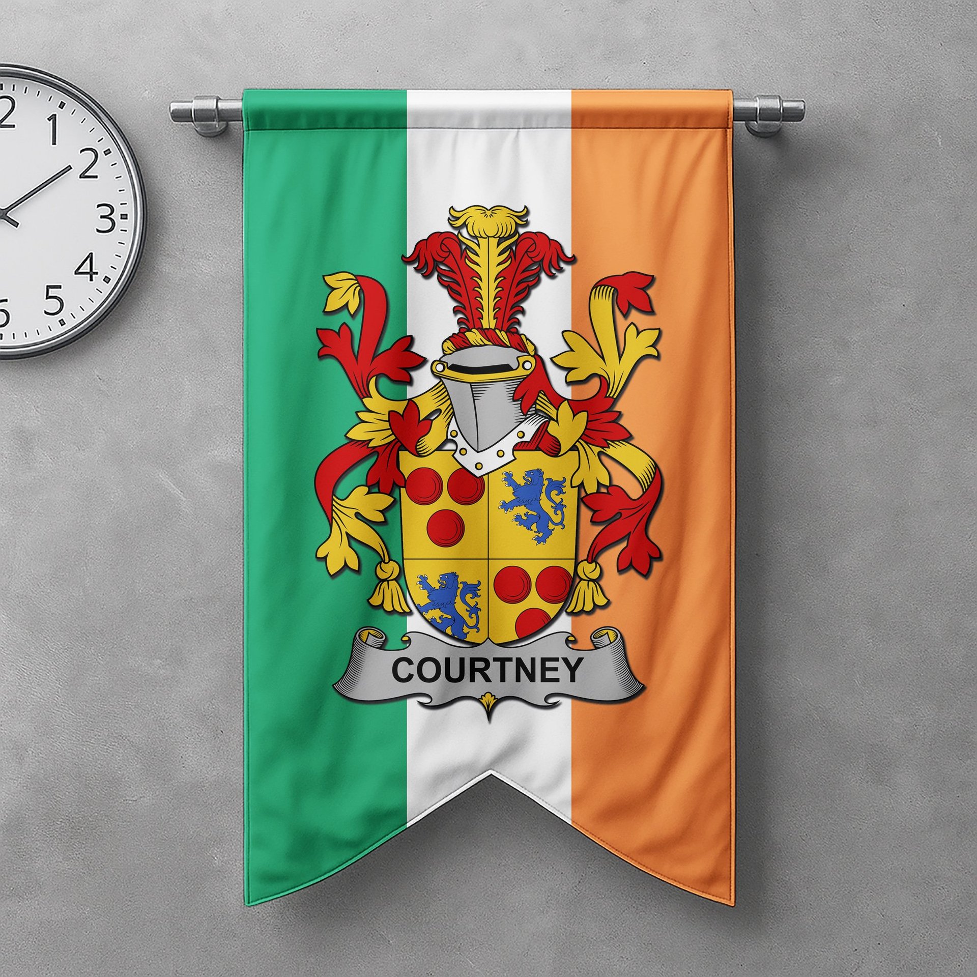 ScotsTee Shop Irish Courtney Clan Coat of Arms Irish Tartan Gonfalon Flag