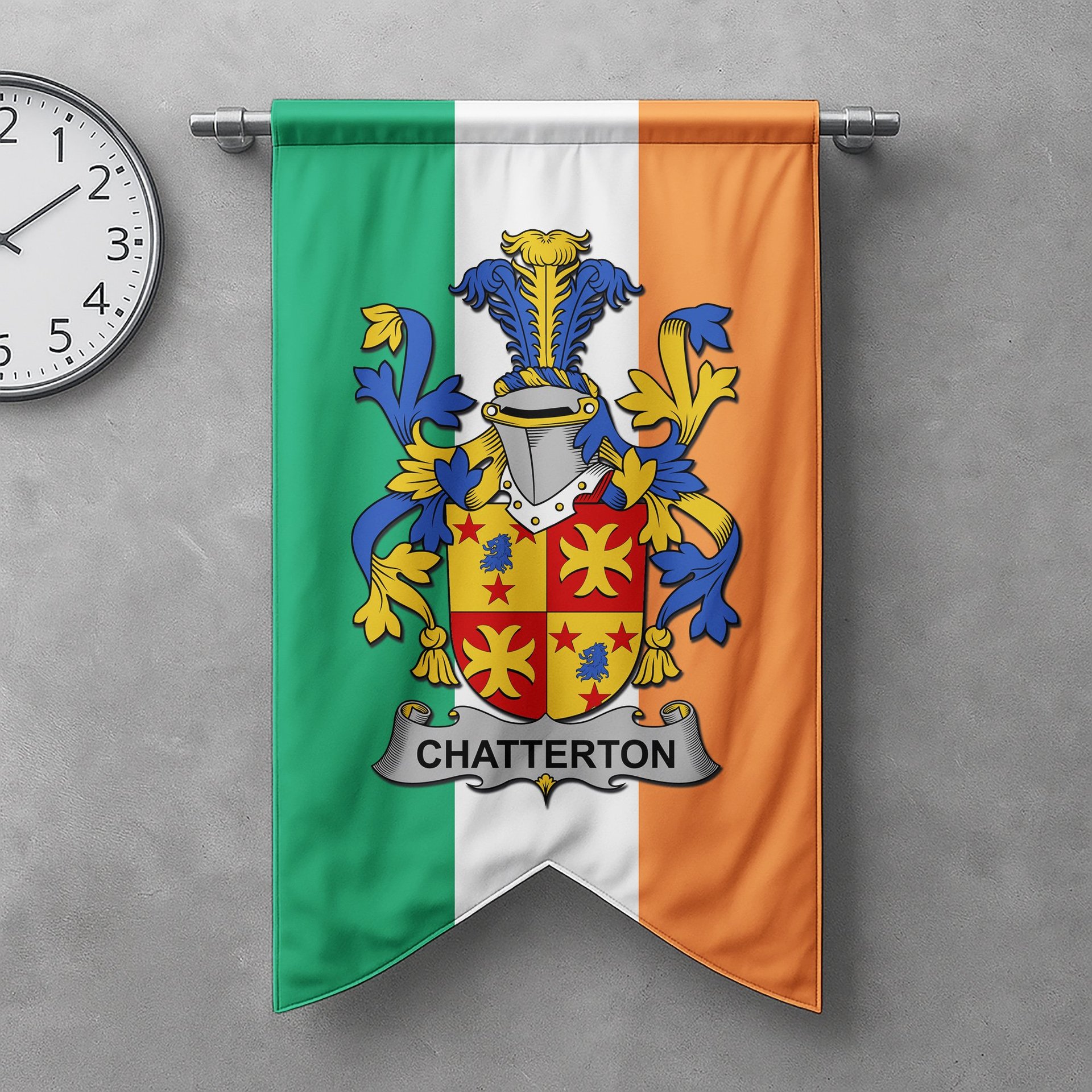 ScotsTee Shop Irish Chatterton Clan Coat of Arms Irish Tartan Gonfalon Flag