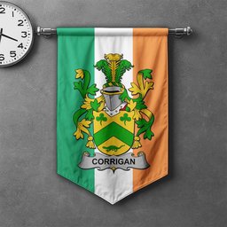 ScotsTee Shop Irish Corrigan or O'Corrigan Clan Coat of Arms Irish Tartan Gonfalon Flag