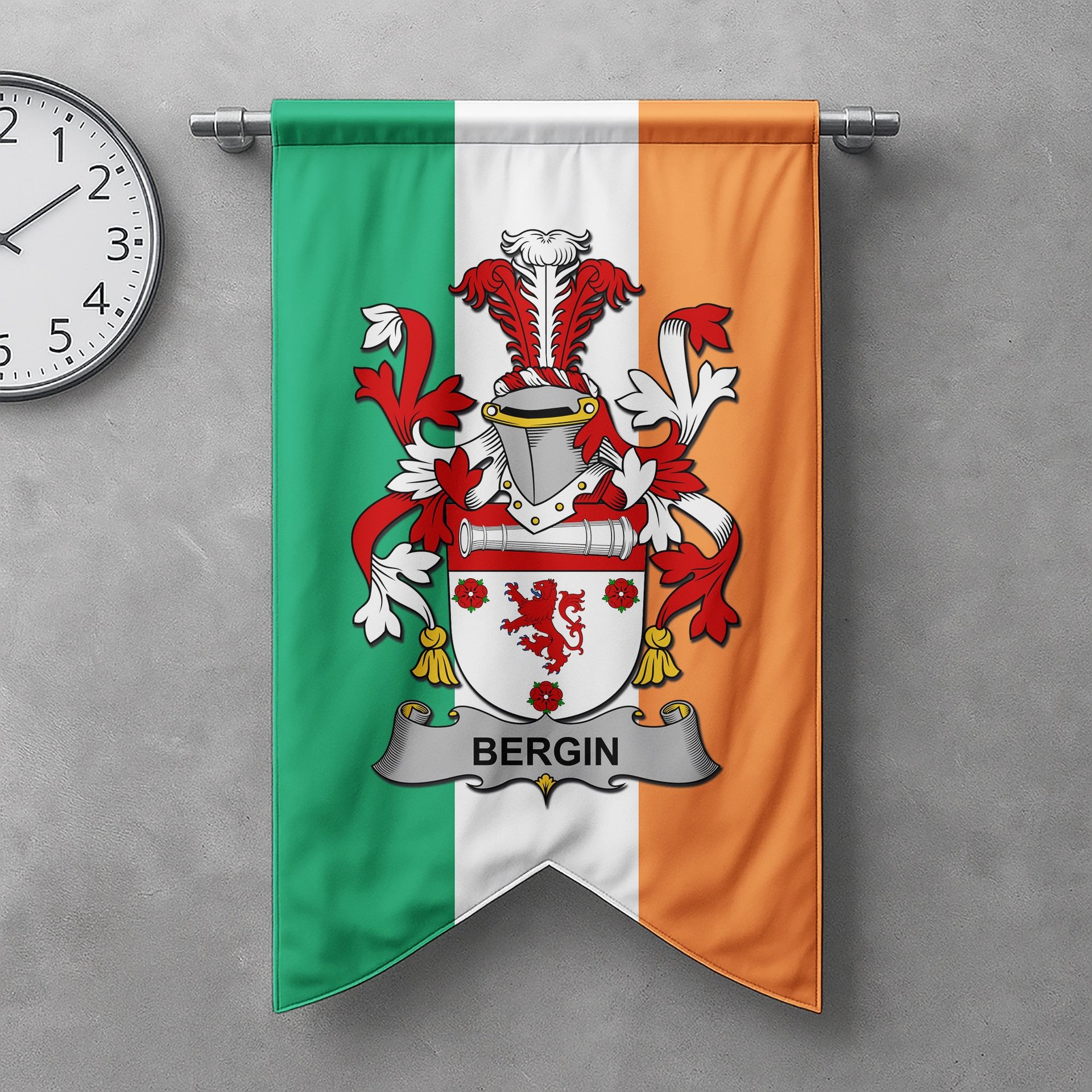 ScotsTee Shop Irish Bergin or O'Bergin Clan Coat of Arms Irish Tartan Gonfalon Flag