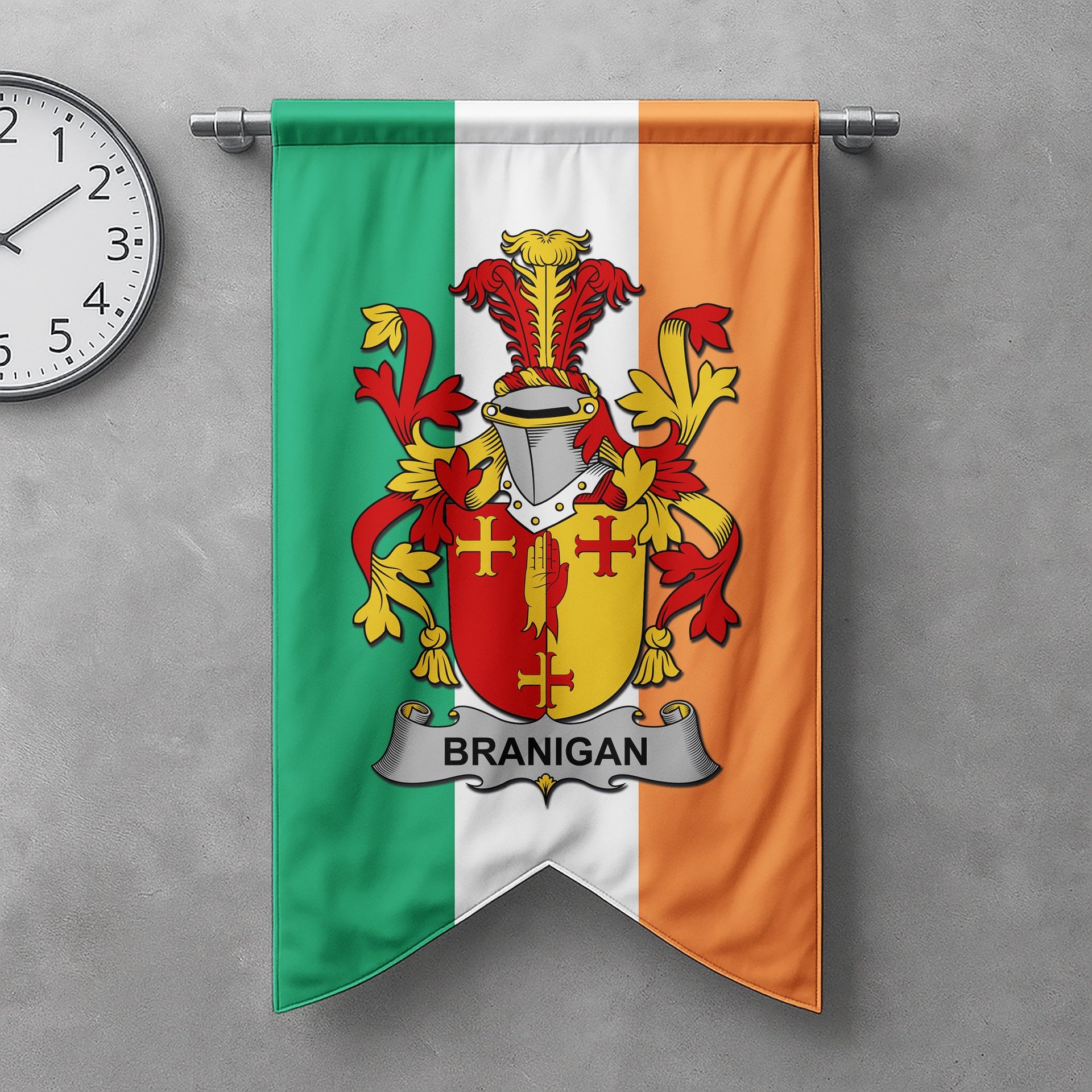 ScotsTee Shop Irish Branigan or O'Branagan Clan Coat of Arms Irish Tartan Gonfalon Flag