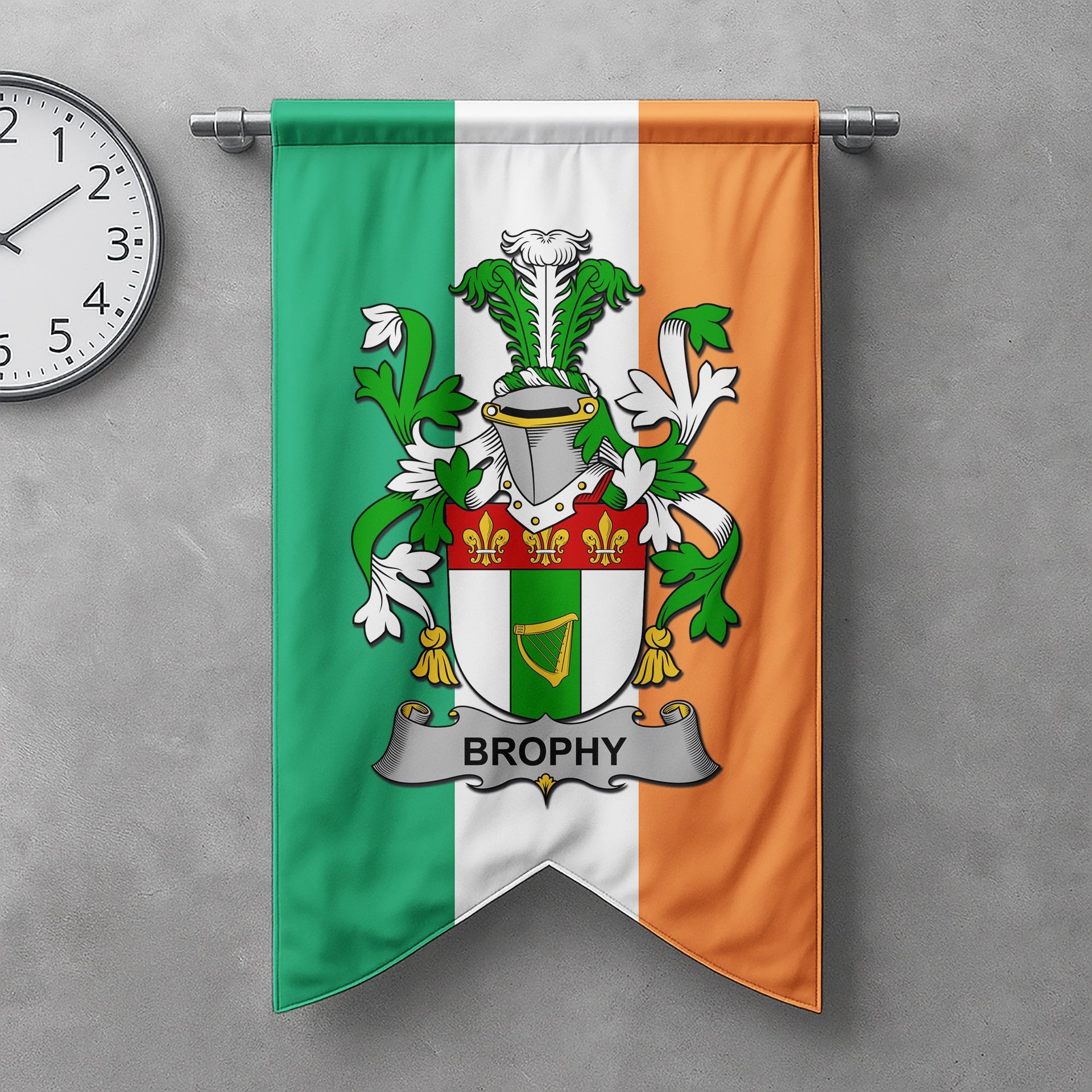 ScotsTee Shop Irish Brophy or O'Brophy Clan Coat of Arms Irish Tartan Gonfalon Flag