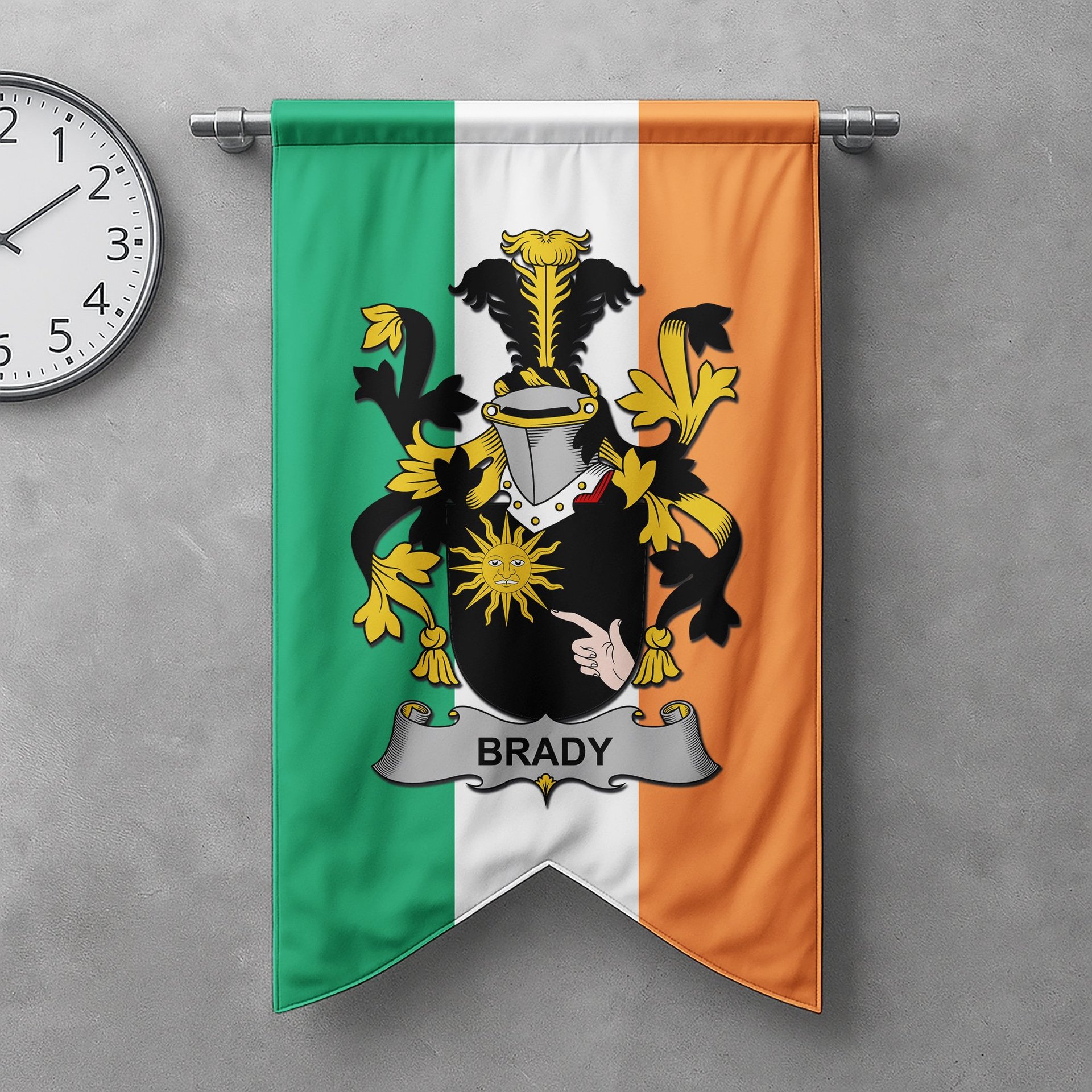 ScotsTee Shop Irish Brady or McBrady Clan Coat of Arms Irish Tartan Gonfalon Flag