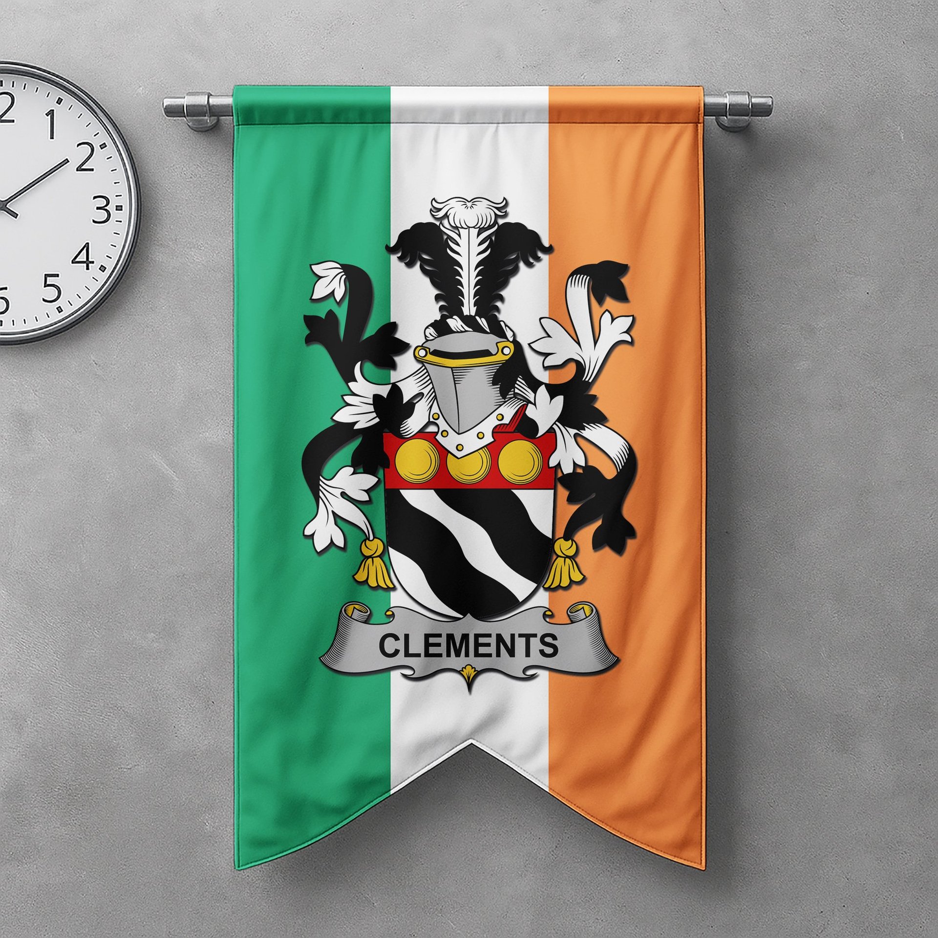 ScotsTee Shop Irish Clements Clan Coat of Arms Irish Tartan Gonfalon Flag