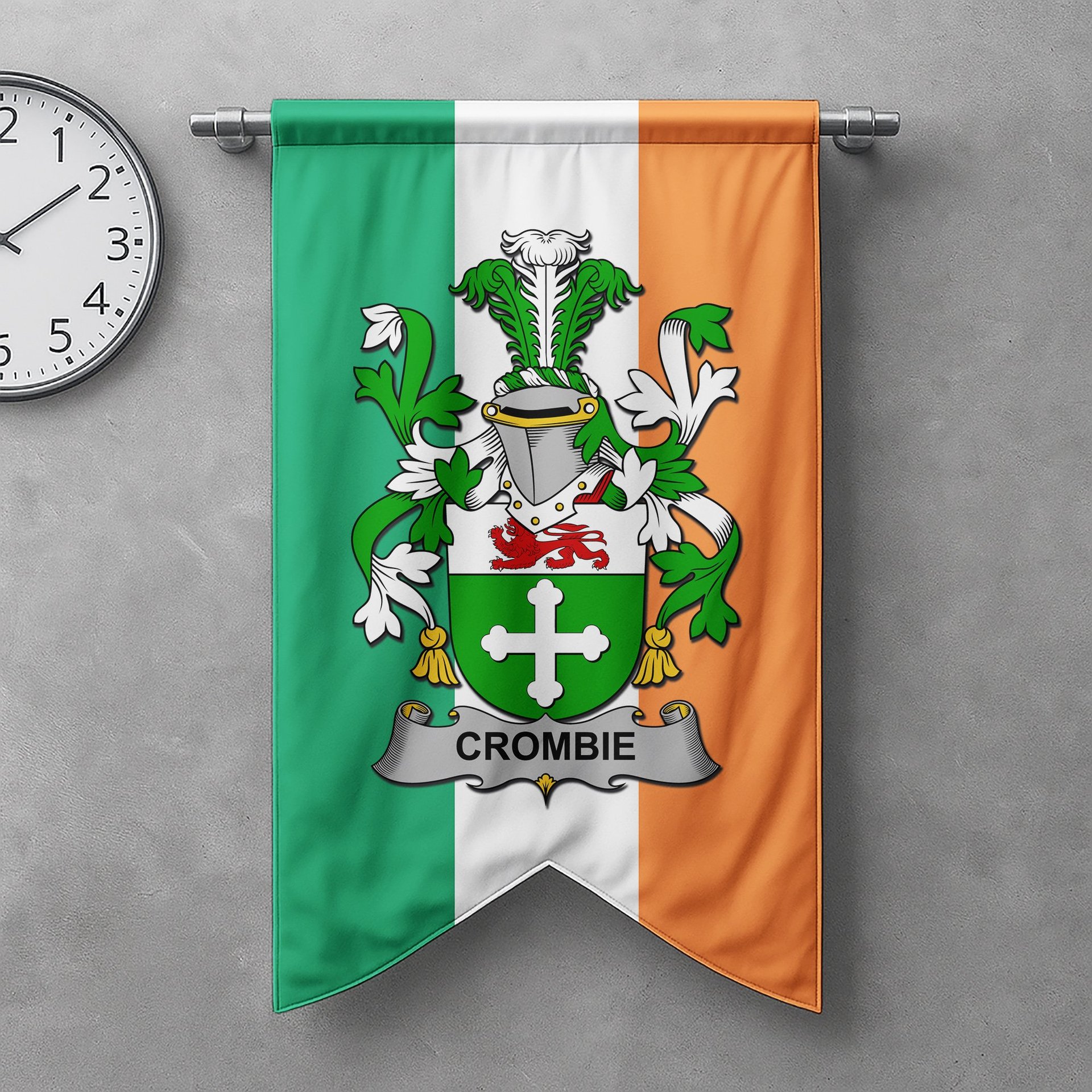 ScotsTee Shop Irish Crombie Clan Coat of Arms Irish Tartan Gonfalon Flag