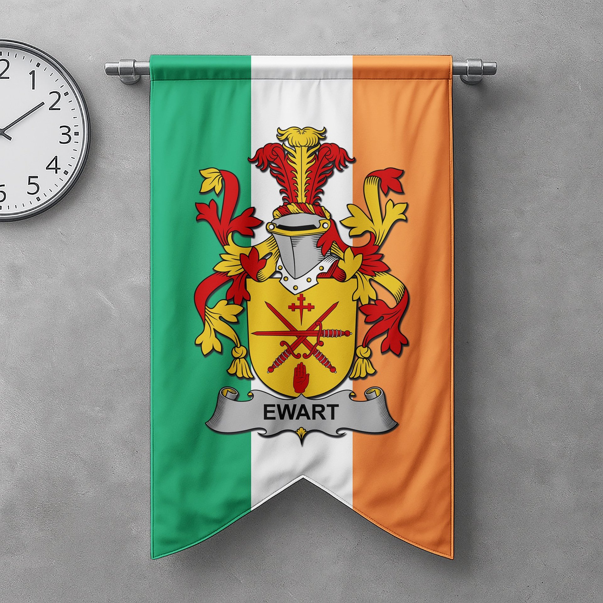 ScotsTee Shop Irish Ewart Clan Coat of Arms Irish Tartan Gonfalon Flag