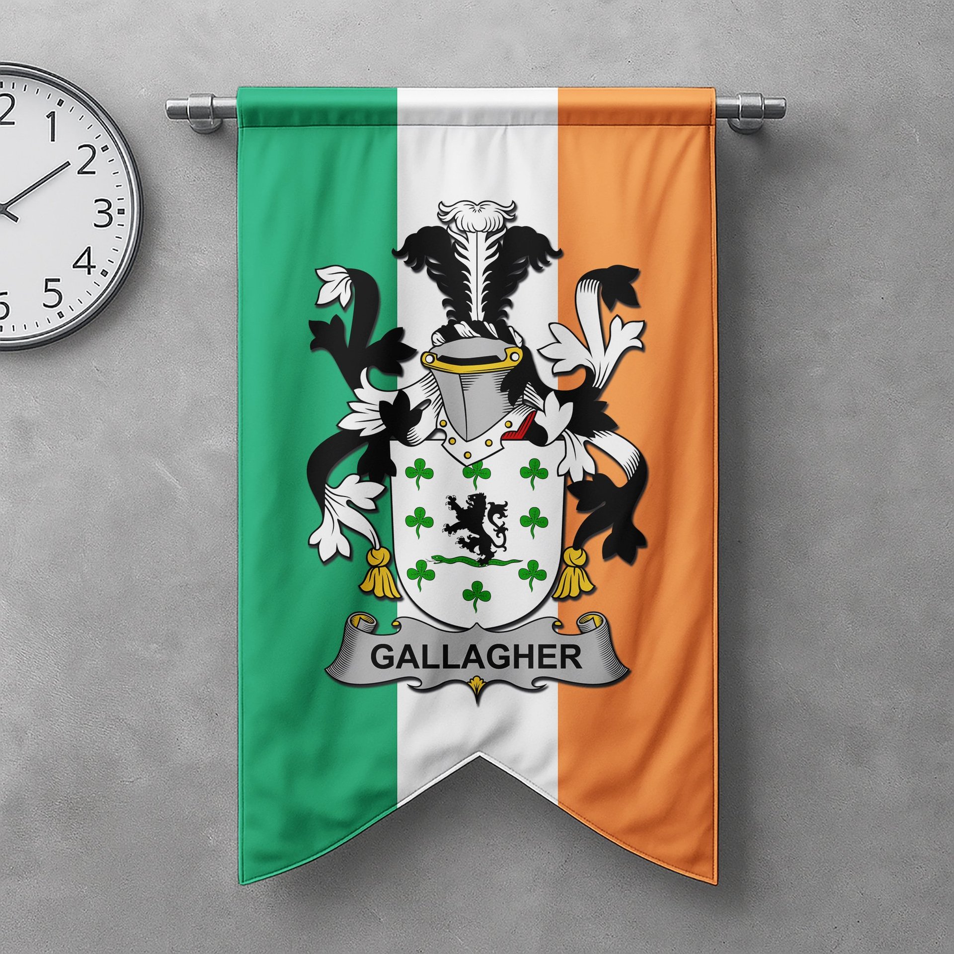 ScotsTee Shop Irish Gallagher or O'Gallagher Clan Coat of Arms Irish Tartan Gonfalon Flag