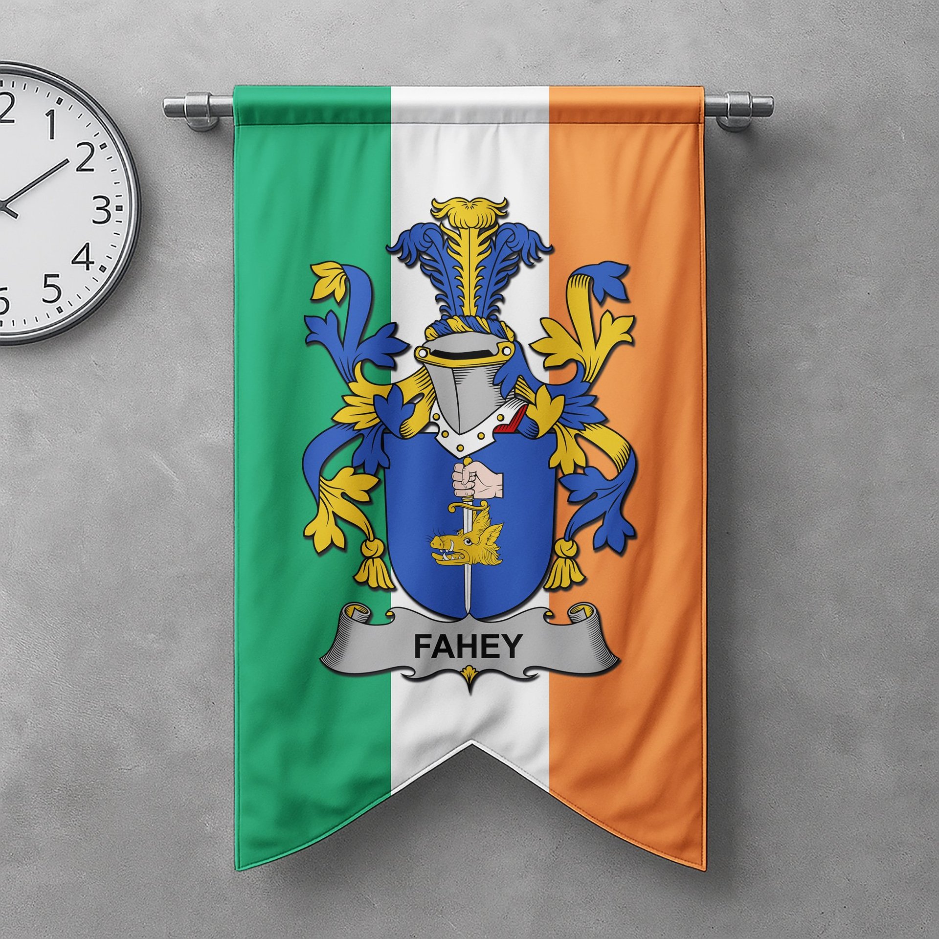 ScotsTee Shop Irish Fahey or O'Fahy Clan Coat of Arms Irish Tartan Gonfalon Flag