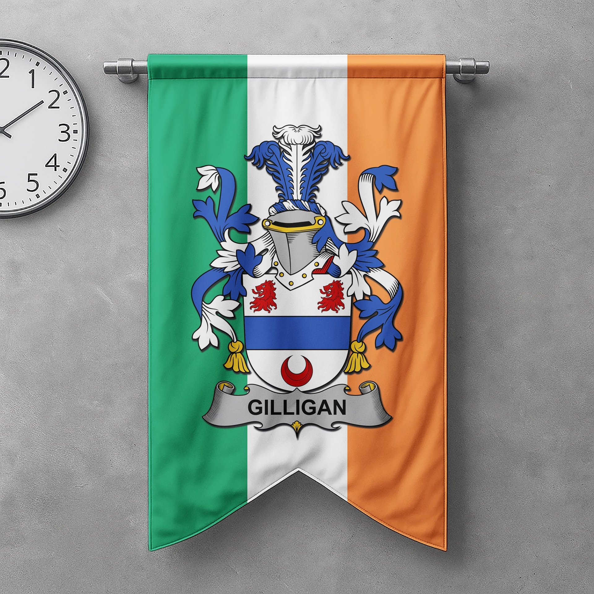 ScotsTee Shop Irish Gilligan or McGilligan Clan Coat of Arms Irish Tartan Gonfalon Flag