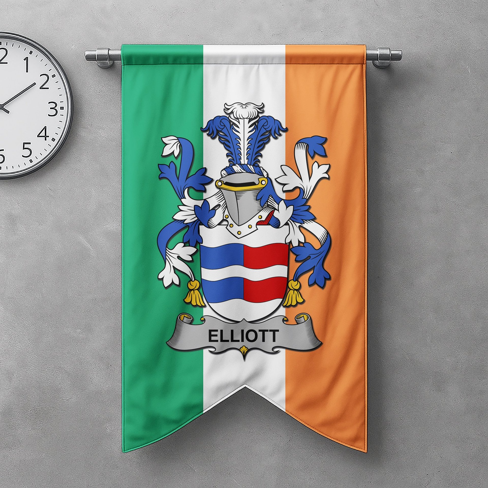 ScotsTee Shop Irish Elliott Clan Coat of Arms Irish Tartan Gonfalon Flag