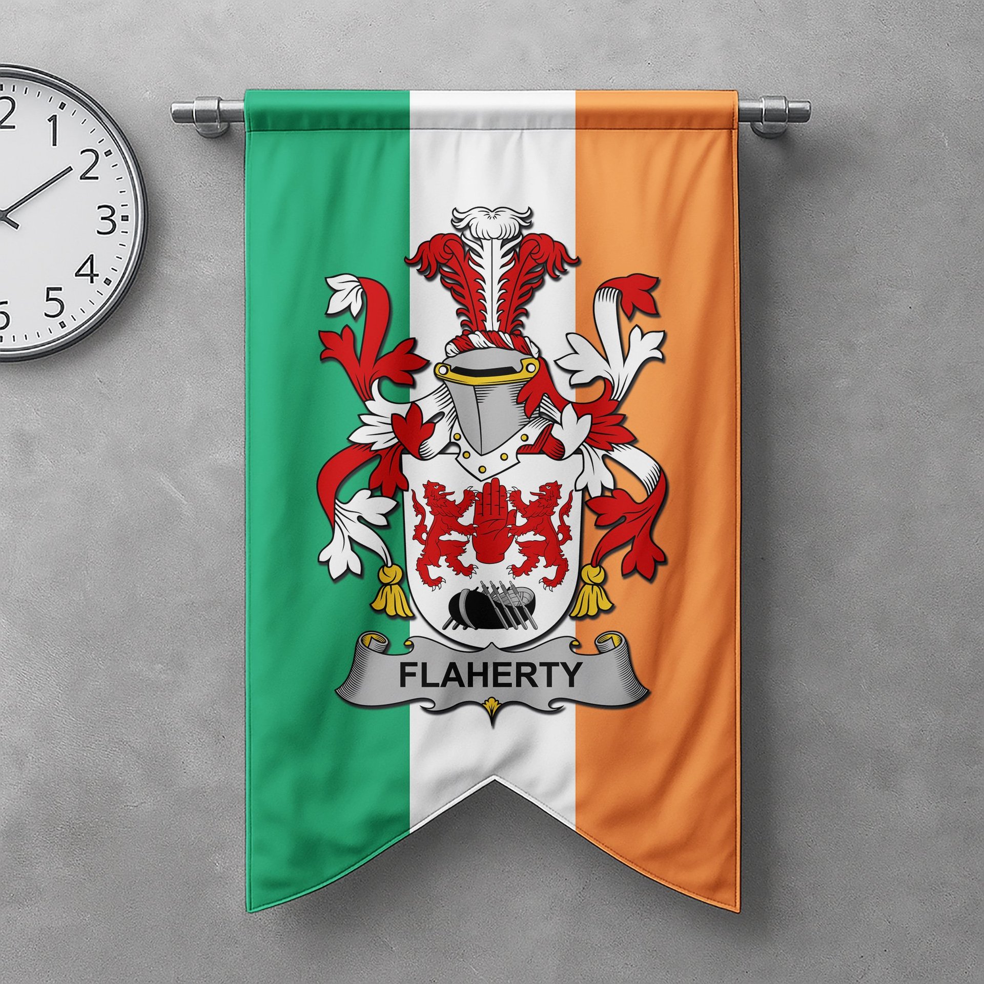 ScotsTee Shop Irish Flaherty or O'Flaherty Clan Coat of Arms Irish Tartan Gonfalon Flag