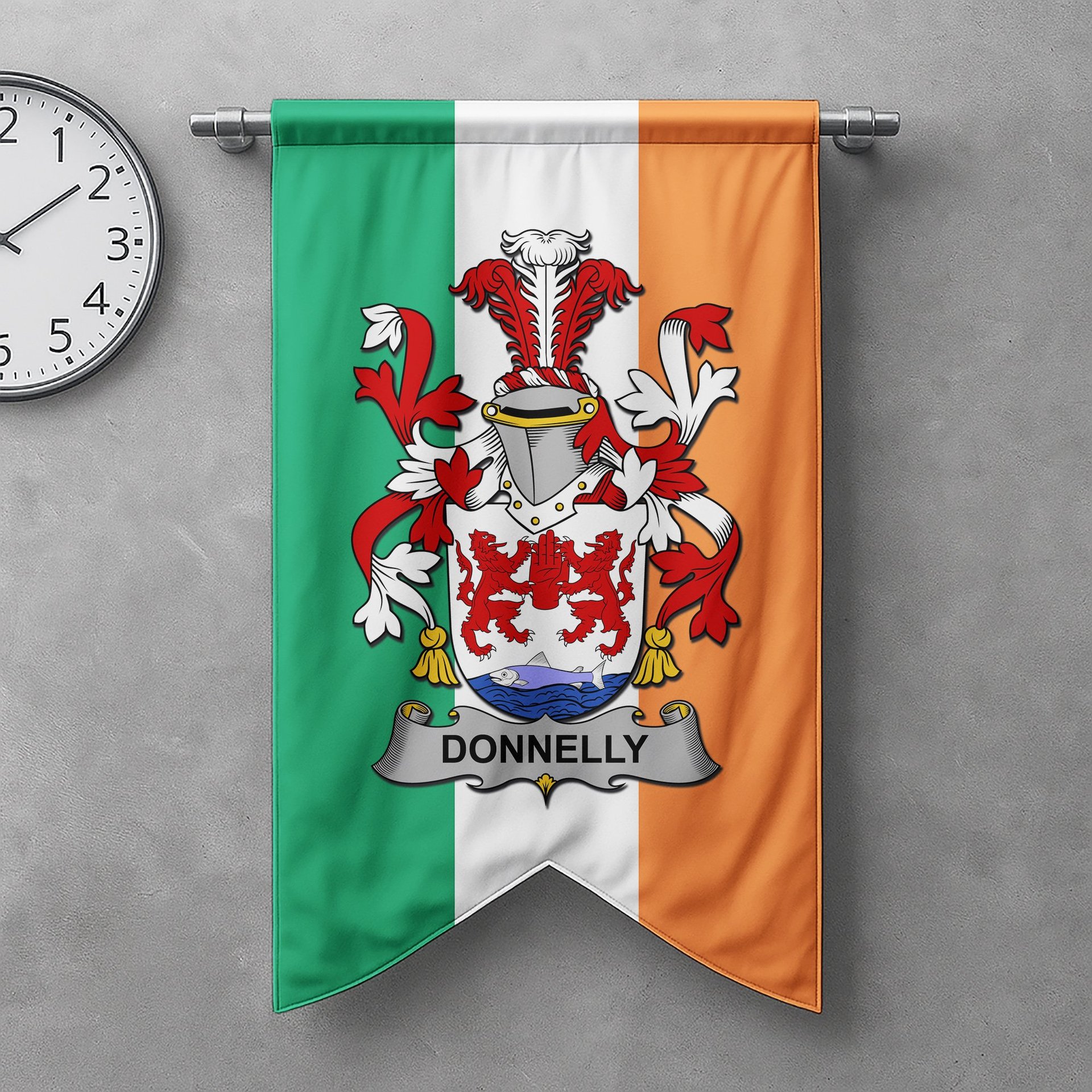 ScotsTee Shop Irish Donnelly or O'Donnelly Clan Coat of Arms Irish Tartan Gonfalon Flag