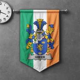 ScotsTee Shop Irish Greer Clan Coat of Arms Irish Tartan Gonfalon Flag
