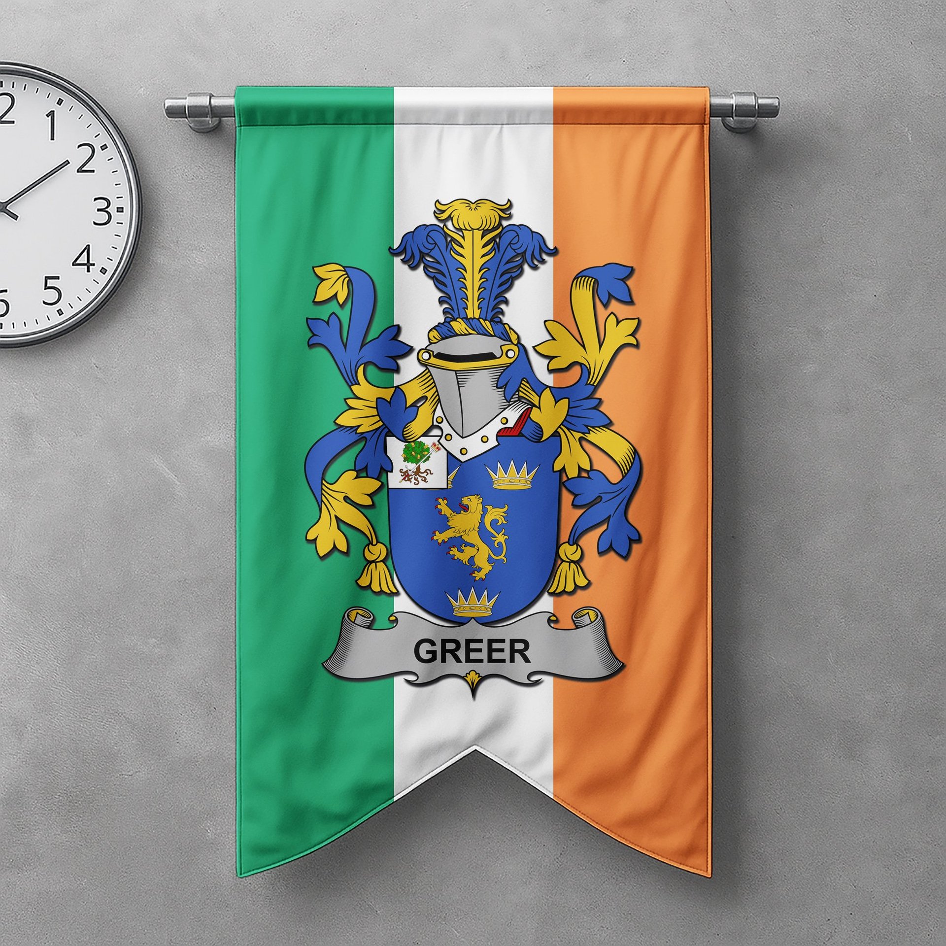 ScotsTee Shop Irish Greer Clan Coat of Arms Irish Tartan Gonfalon Flag