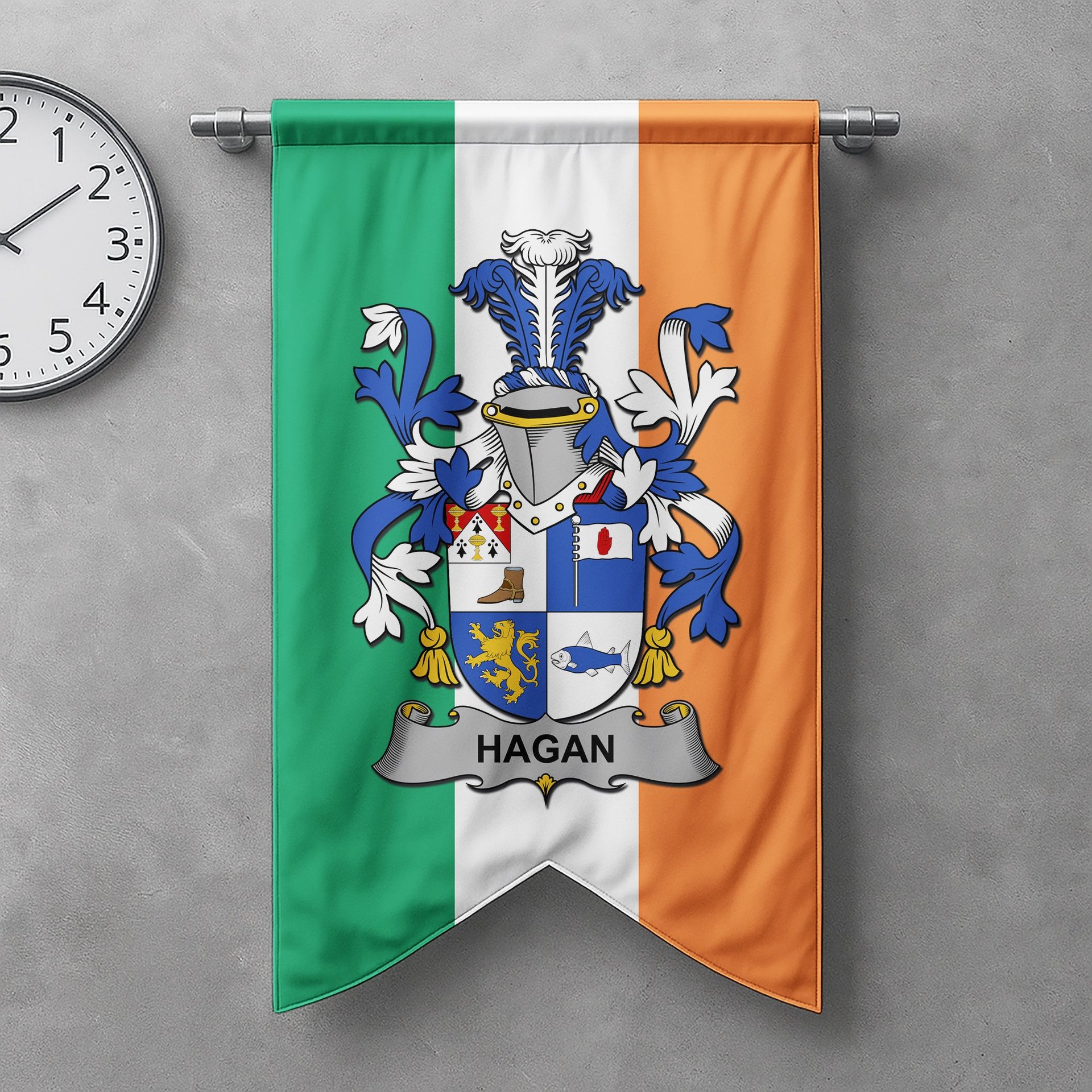 ScotsTee Shop Irish Hagan or O'Hagan Clan Coat of Arms Irish Tartan Gonfalon Flag