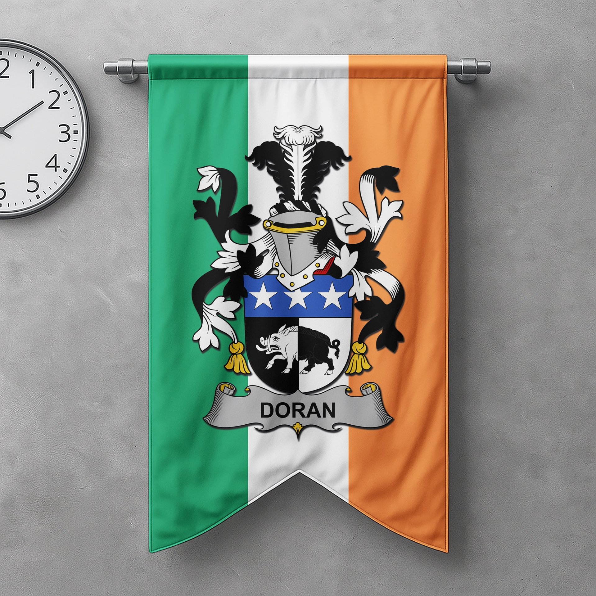 ScotsTee Shop Irish Doran or O'Doran Clan Coat of Arms Irish Tartan Gonfalon Flag