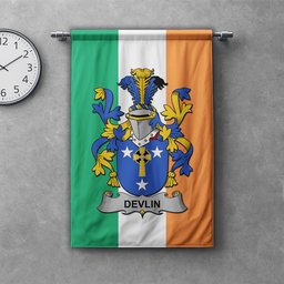 ScotsTee Shop Irish Devlin or O'Devlin Clan Coat of Arms Irish Tartan Gonfalon Flag