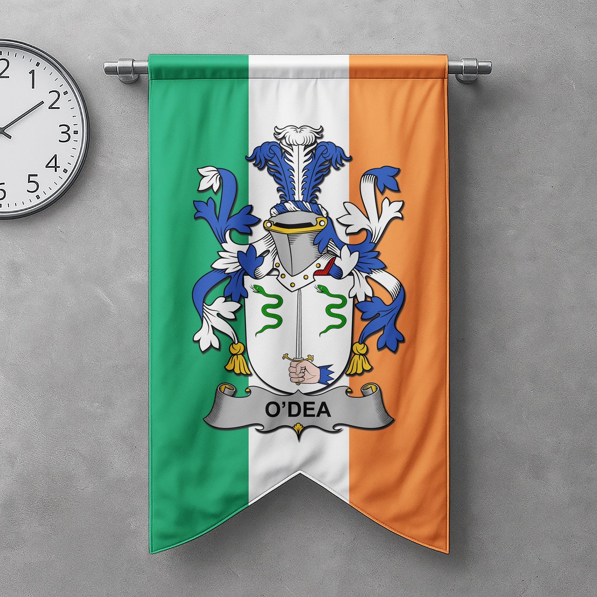 ScotsTee Shop Irish Dea or O'Dea Clan Coat of Arms Irish Tartan Gonfalon Flag