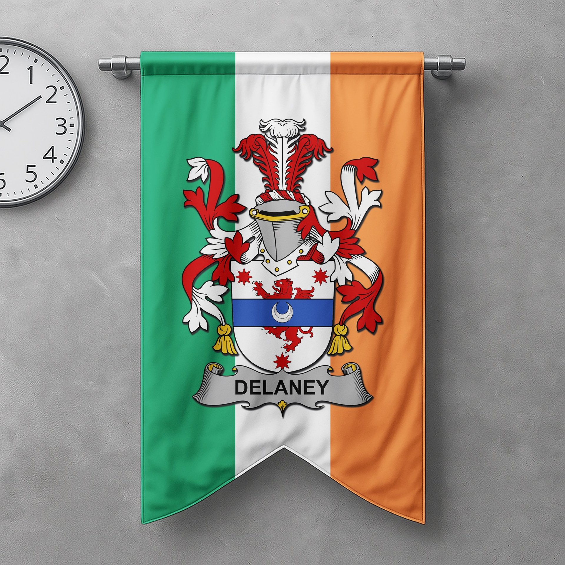 ScotsTee Shop Irish Delaney or O'Delany Clan Coat of Arms Irish Tartan Gonfalon Flag