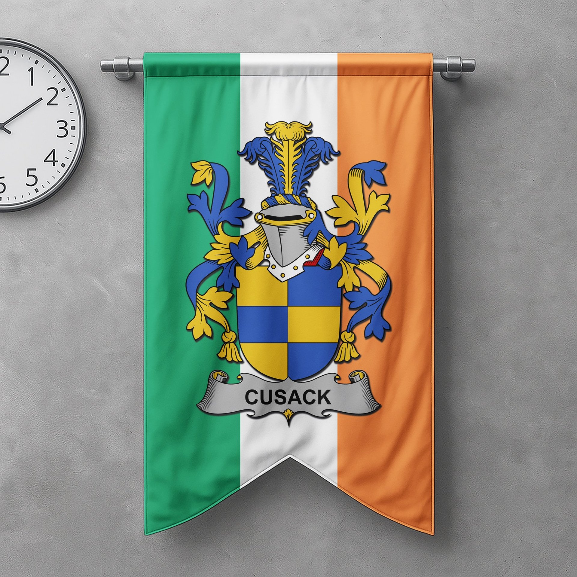 ScotsTee Shop Irish Cusack Clan Coat of Arms Irish Tartan Gonfalon Flag