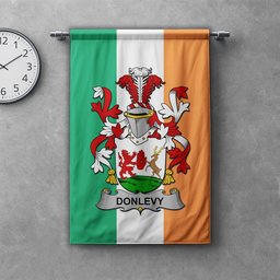 ScotsTee Shop Irish Donlevy or O'Donlevy Clan Coat of Arms Irish Tartan Gonfalon Flag