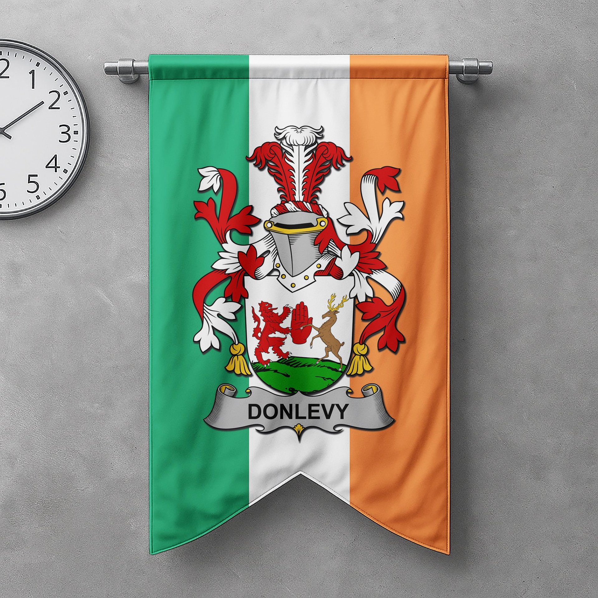 ScotsTee Shop Irish Donlevy or O'Donlevy Clan Coat of Arms Irish Tartan Gonfalon Flag