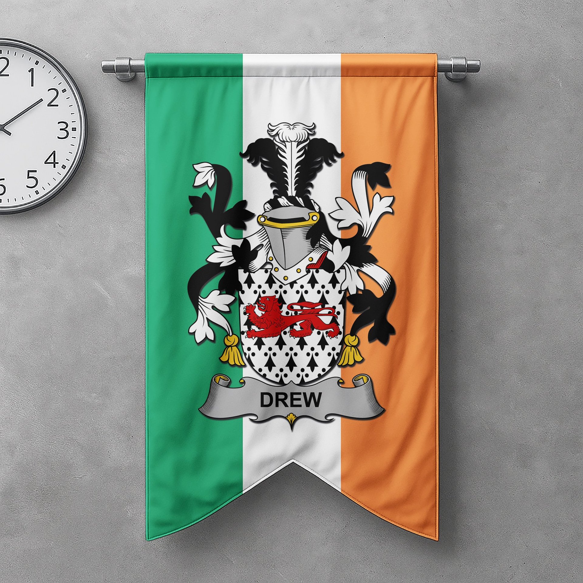 ScotsTee Shop Irish Drew Clan Coat of Arms Irish Tartan Gonfalon Flag