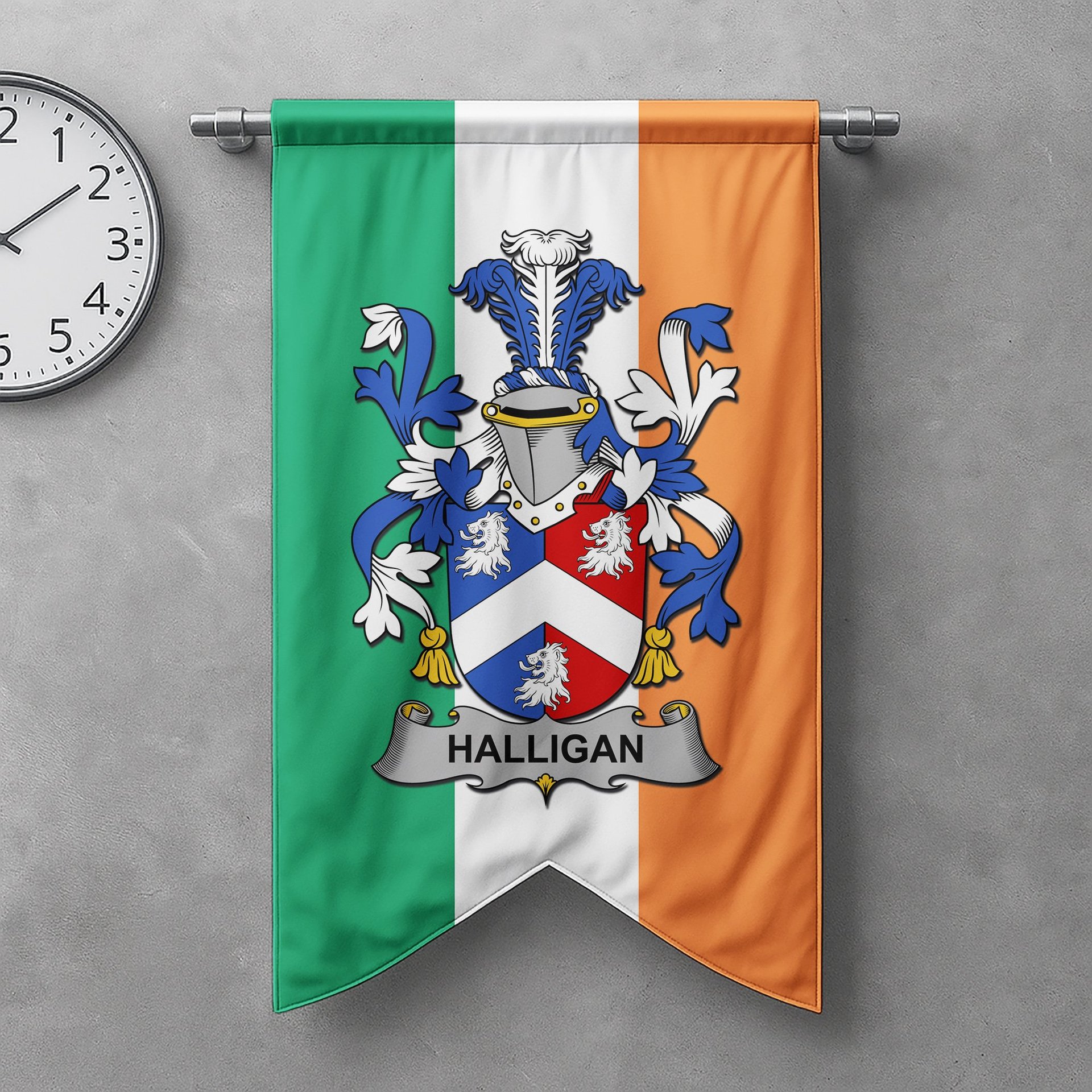 ScotsTee Shop Irish Halligan or O'Halligan Clan Coat of Arms Irish Tartan Gonfalon Flag