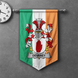 ScotsTee Shop Irish Devaney or O'Devaney Clan Coat of Arms Irish Tartan Gonfalon Flag