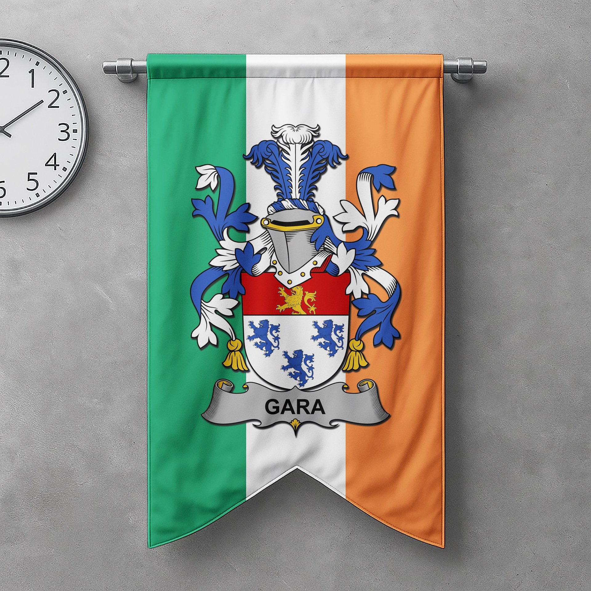 ScotsTee Shop Irish Gara or O'Gara Clan Coat of Arms Irish Tartan Gonfalon Flag