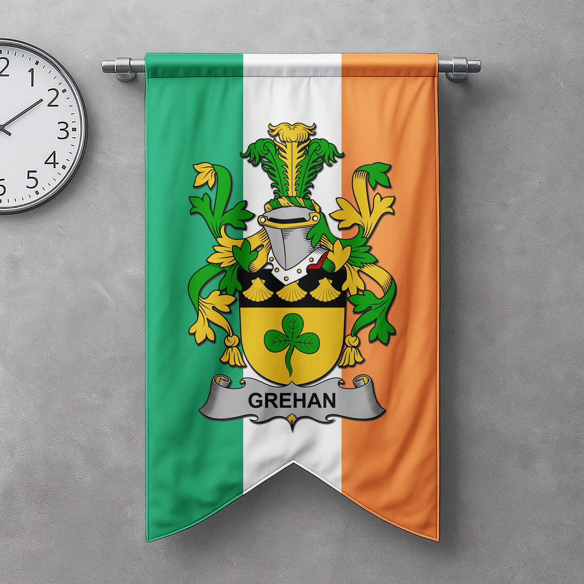 ScotsTee Shop Irish Grehan or O'Greaghan Clan Coat of Arms Irish Tartan Gonfalon Flag